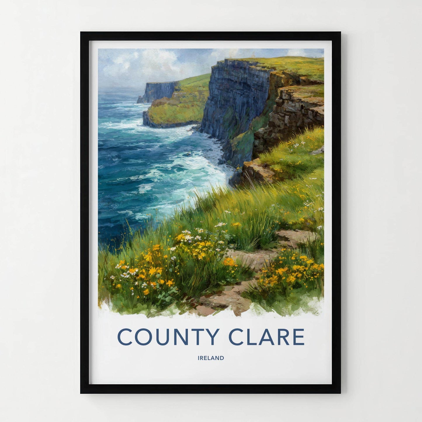 County Clare Poster - Ireland Travel Print - Grassy Cliffs Seascape Wall Decor