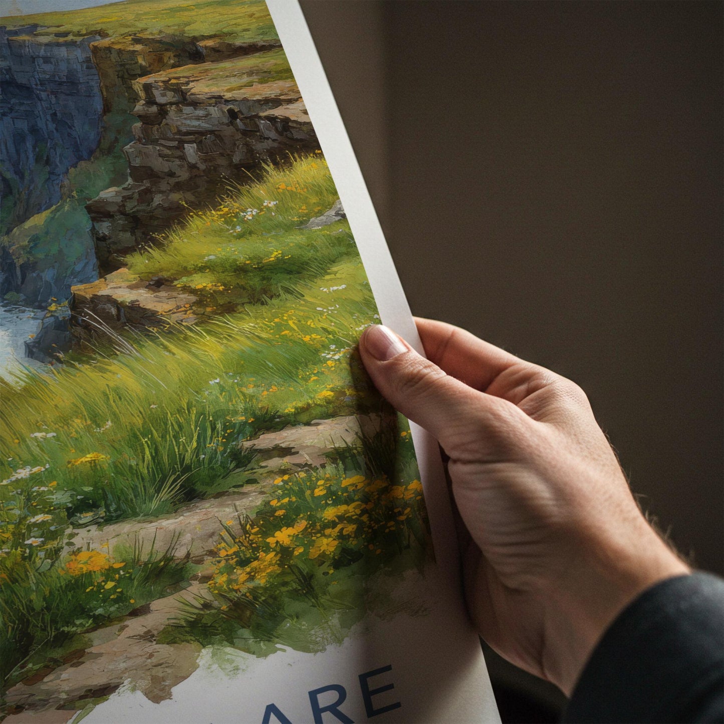 County Clare Poster - Ireland Travel Print - Grassy Cliffs Seascape Wall Decor