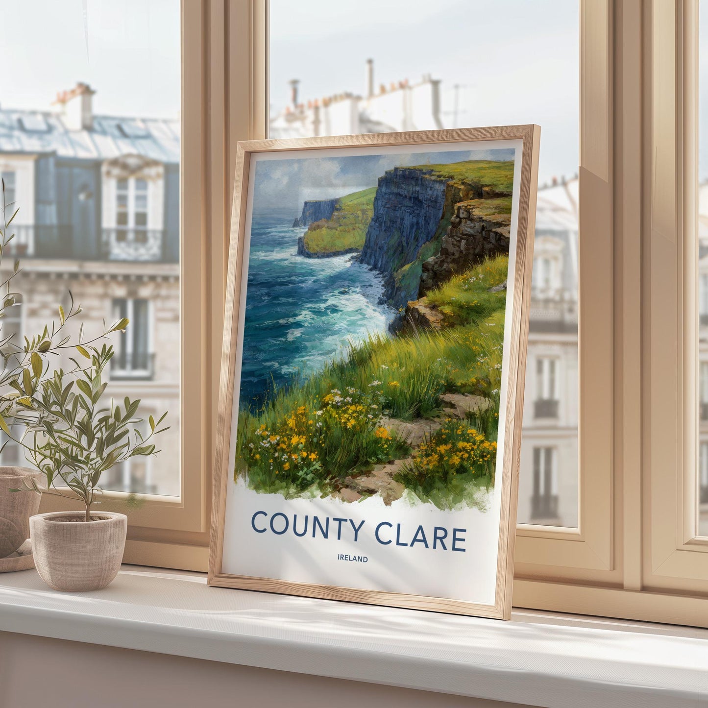 County Clare Poster - Ireland Travel Print - Grassy Cliffs Seascape Wall Decor