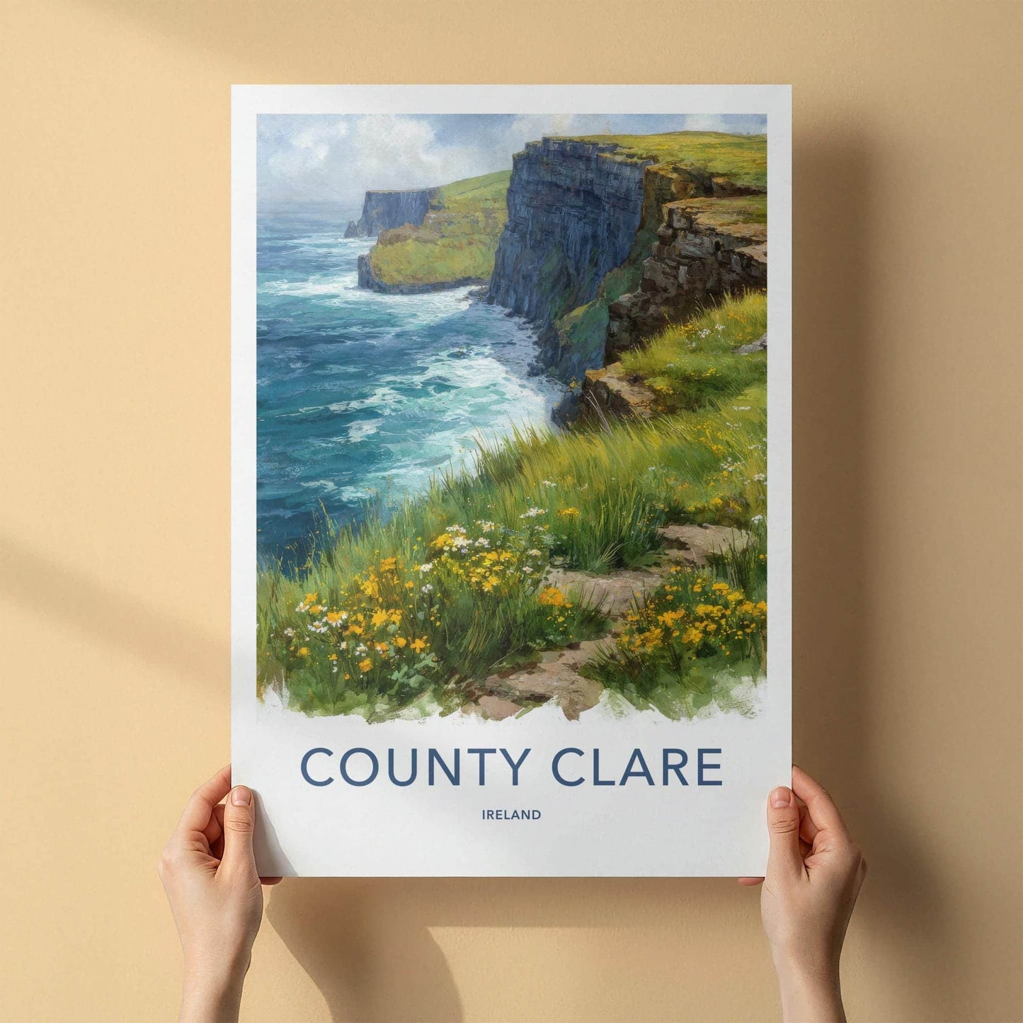 County Clare Poster - Ireland Travel Print - Grassy Cliffs Seascape Wall Decor