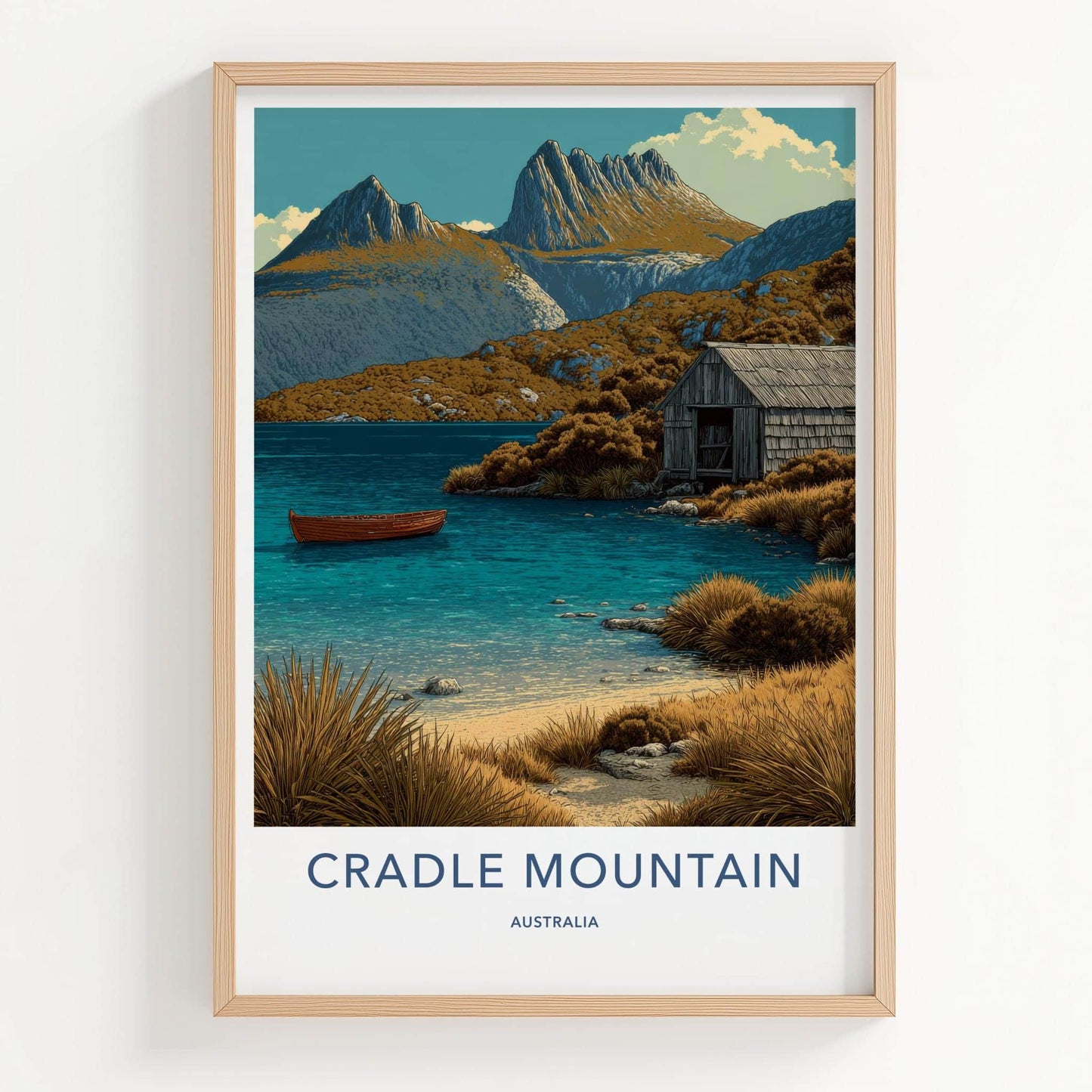 Cradle Mountain Poster - Australia Art Print - Rustic Lake Boathouse Wall Decor