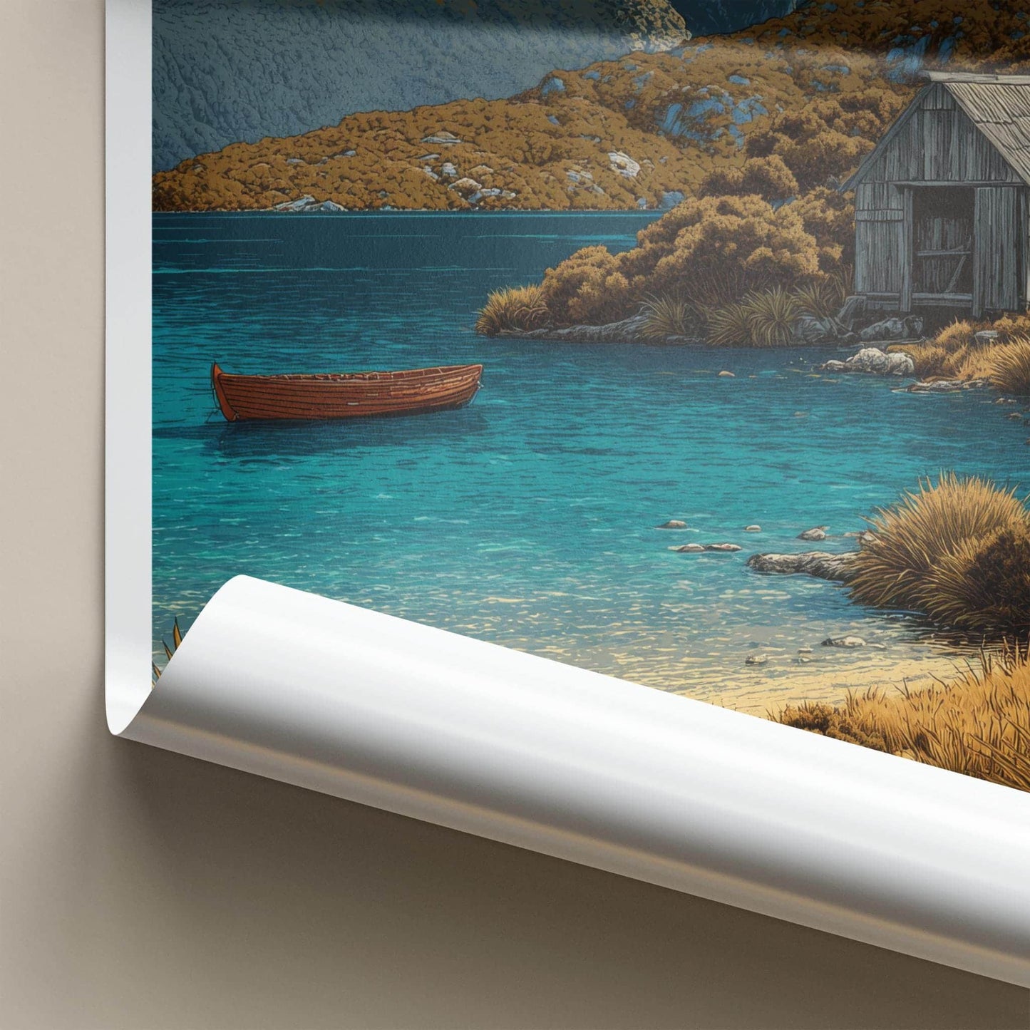 Cradle Mountain Poster - Australia Art Print - Rustic Lake Boathouse Wall Decor