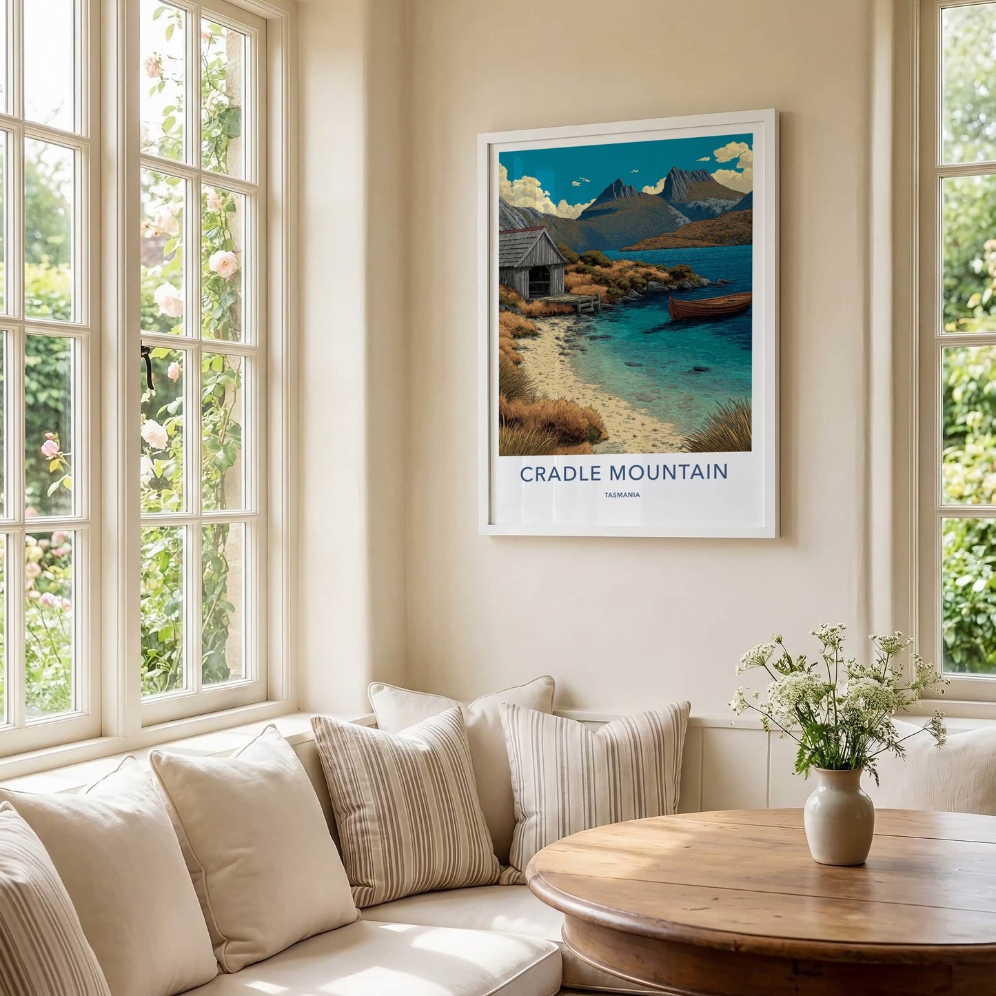 Cradle Mountain Poster - Tasmania Travel Print - Lakeside Hut Boat Gallery Art