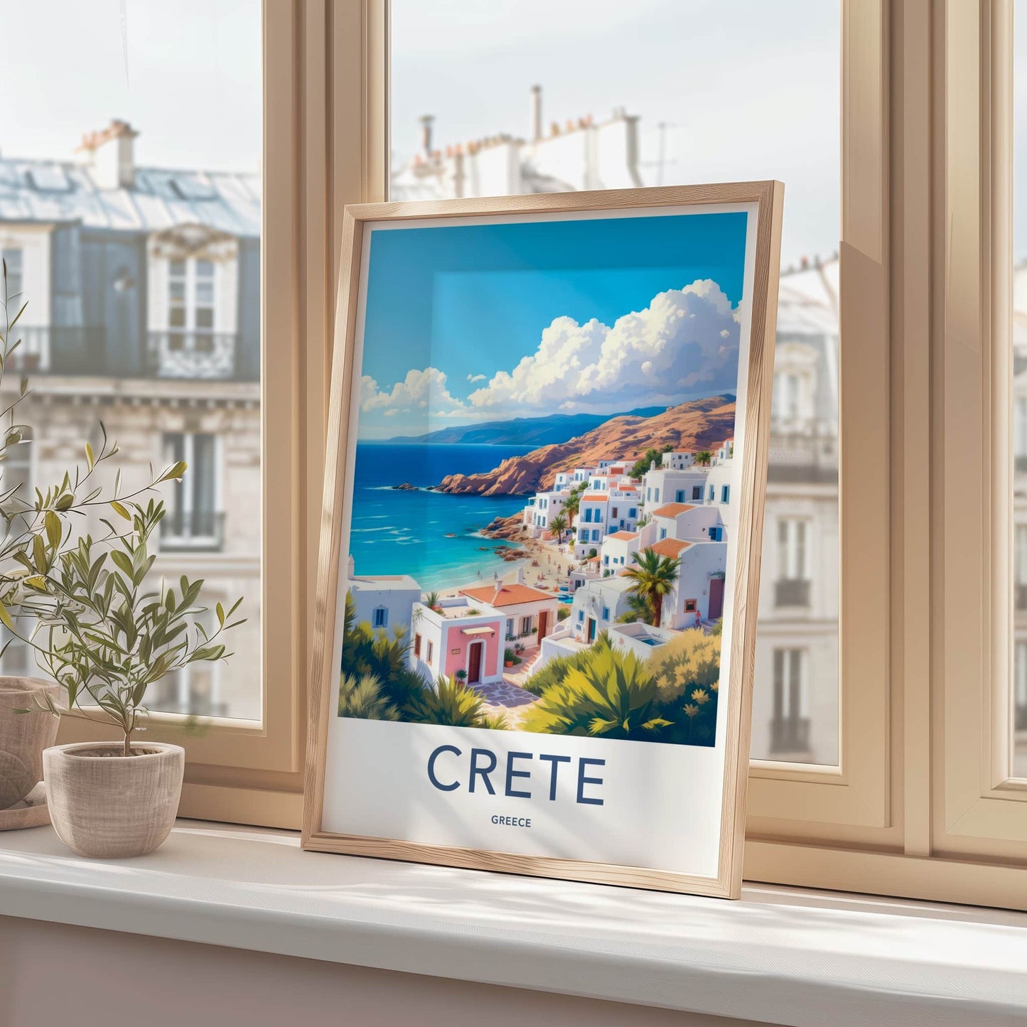 Crete Poster - Greece Travel Art - Whitewashed Coastal Village Home Decor