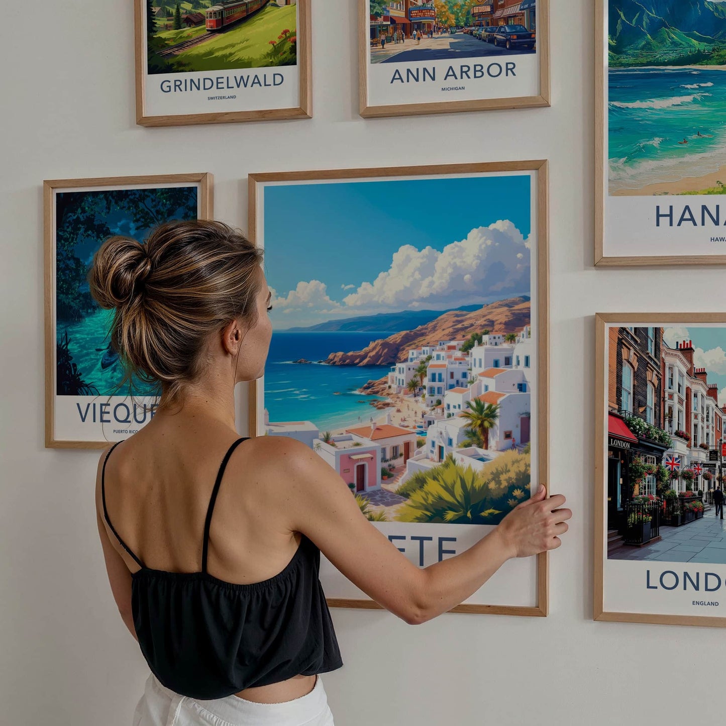 Crete Poster - Greece Travel Art - Whitewashed Coastal Village Home Decor