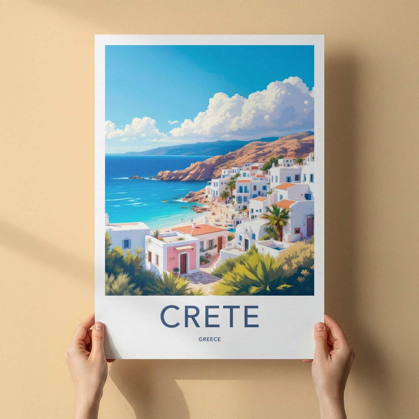 Crete Poster - Greece Travel Art - Whitewashed Coastal Village Home Decor