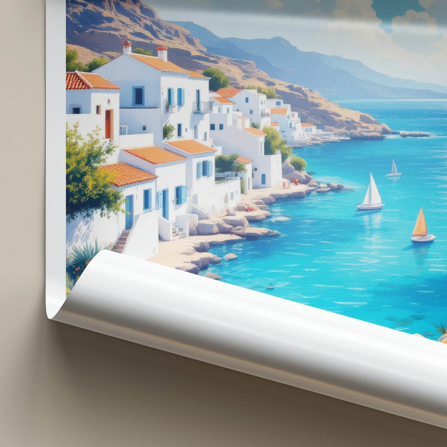 Crete Poster - Greece Travel Art - Whitewashed Seaside Town Home Decor