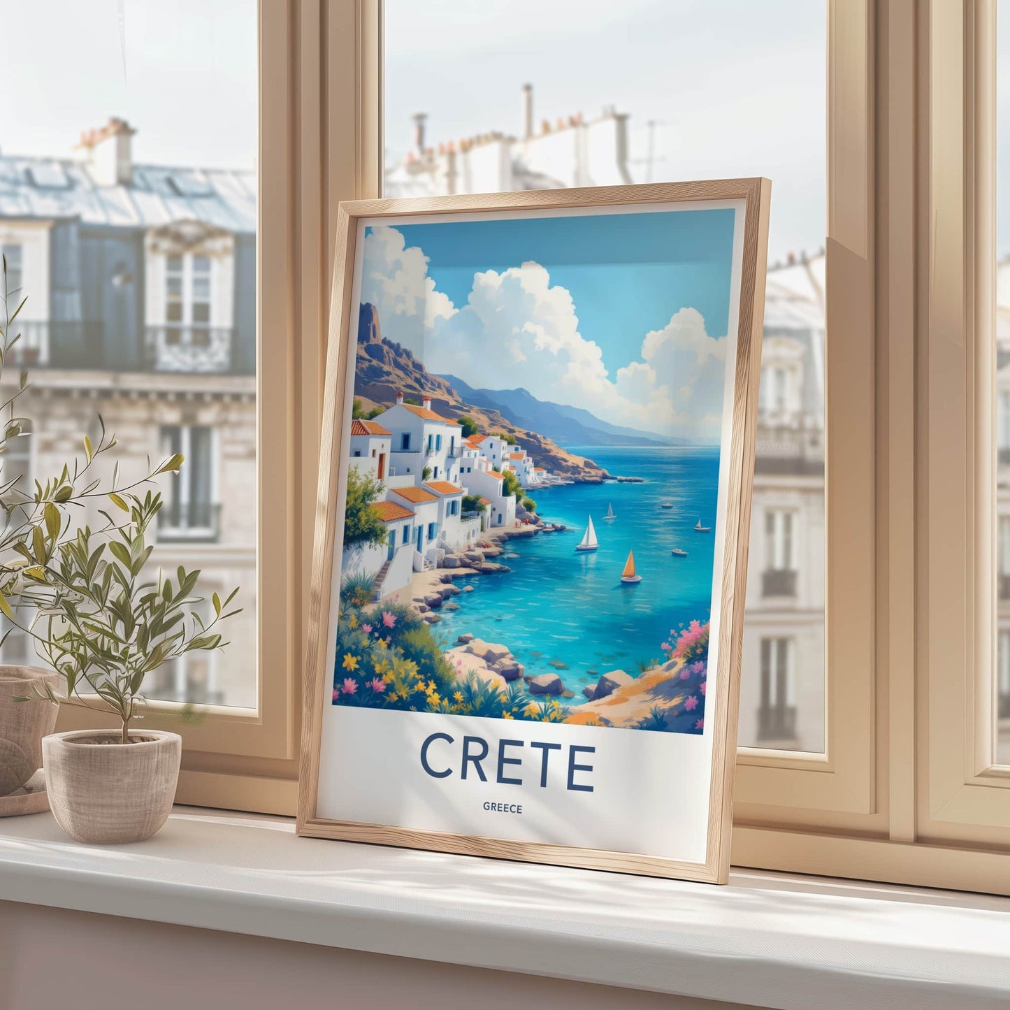 Crete Poster - Greece Travel Art - Whitewashed Seaside Town Home Decor