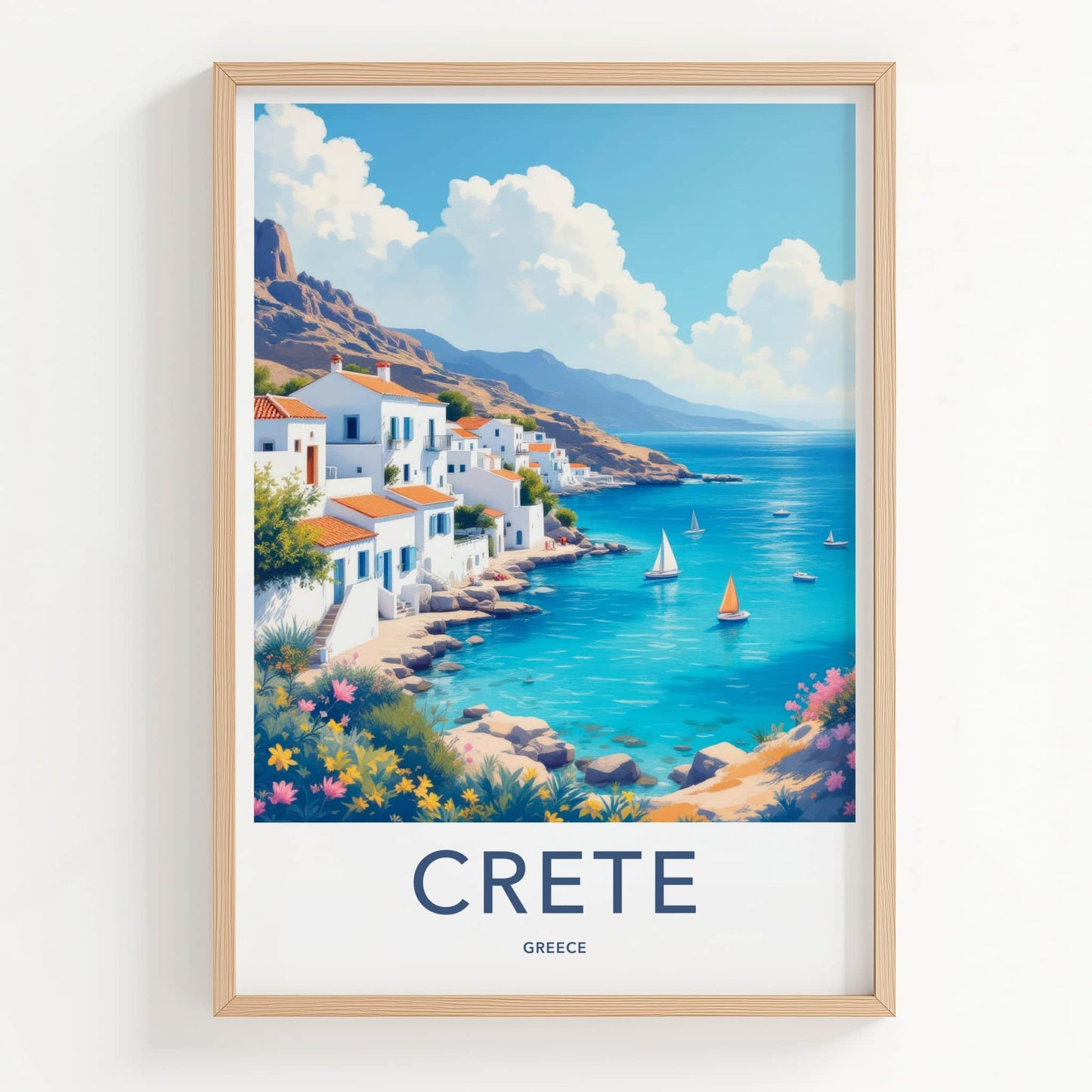 Crete Poster - Greece Travel Art - Whitewashed Seaside Town Home Decor