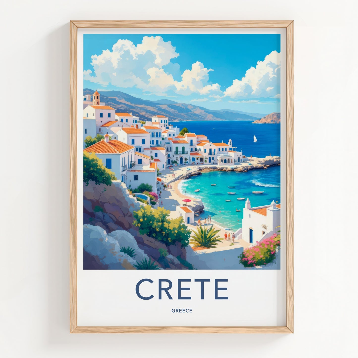 Crete Poster - Greece Travel Art - Whitewashed Seaside Village Home Decor