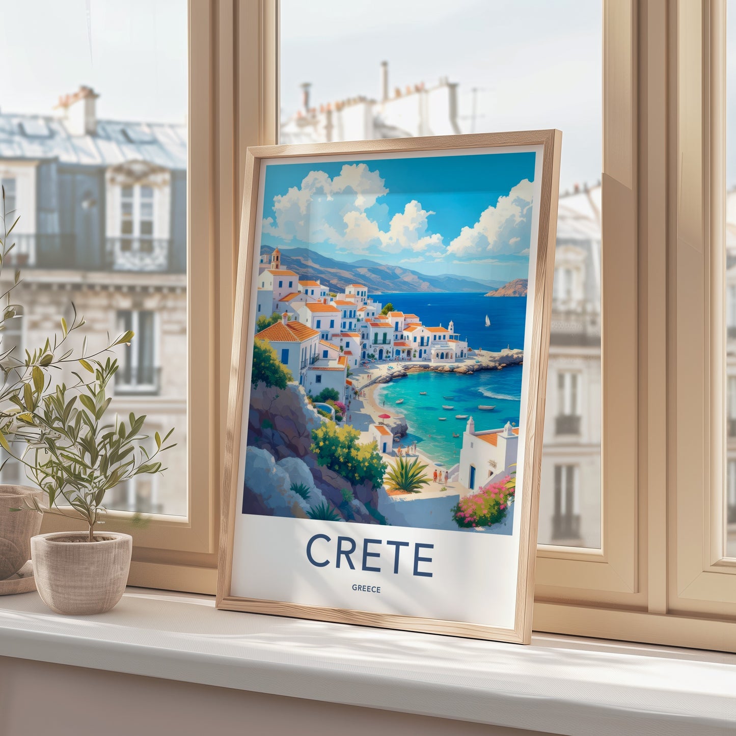 Crete Poster - Greece Travel Art - Whitewashed Seaside Village Home Decor