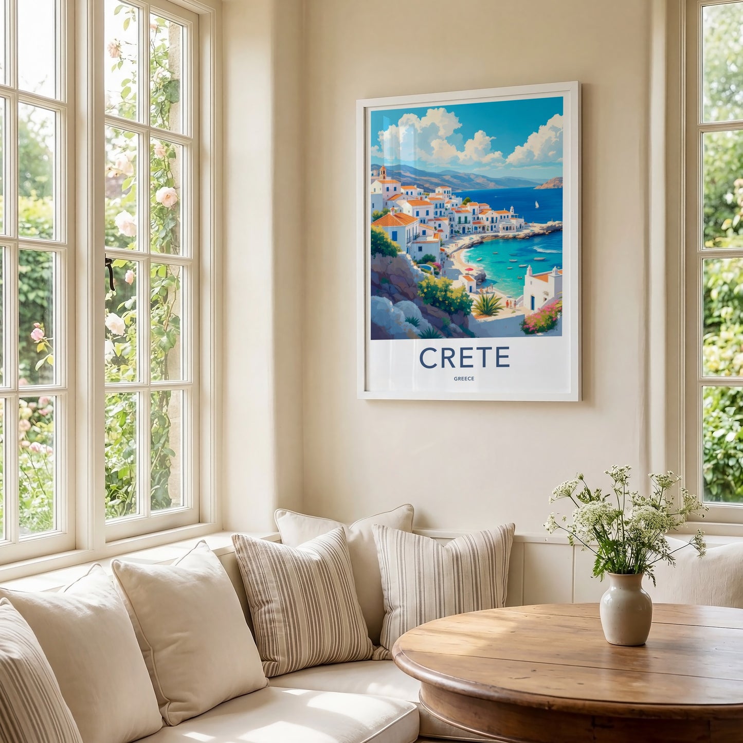 Crete Poster - Greece Travel Art - Whitewashed Seaside Village Home Decor