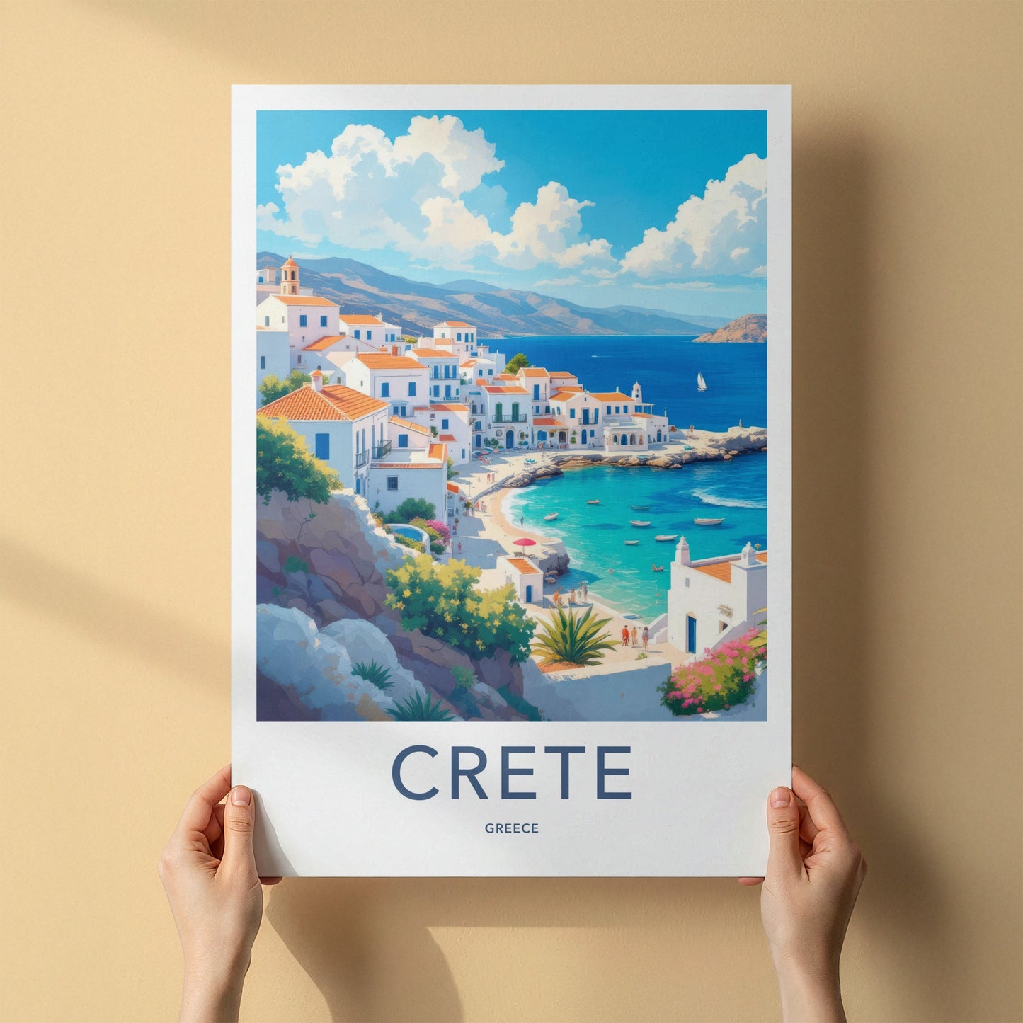 Crete Poster - Greece Travel Art - Whitewashed Seaside Village Home Decor