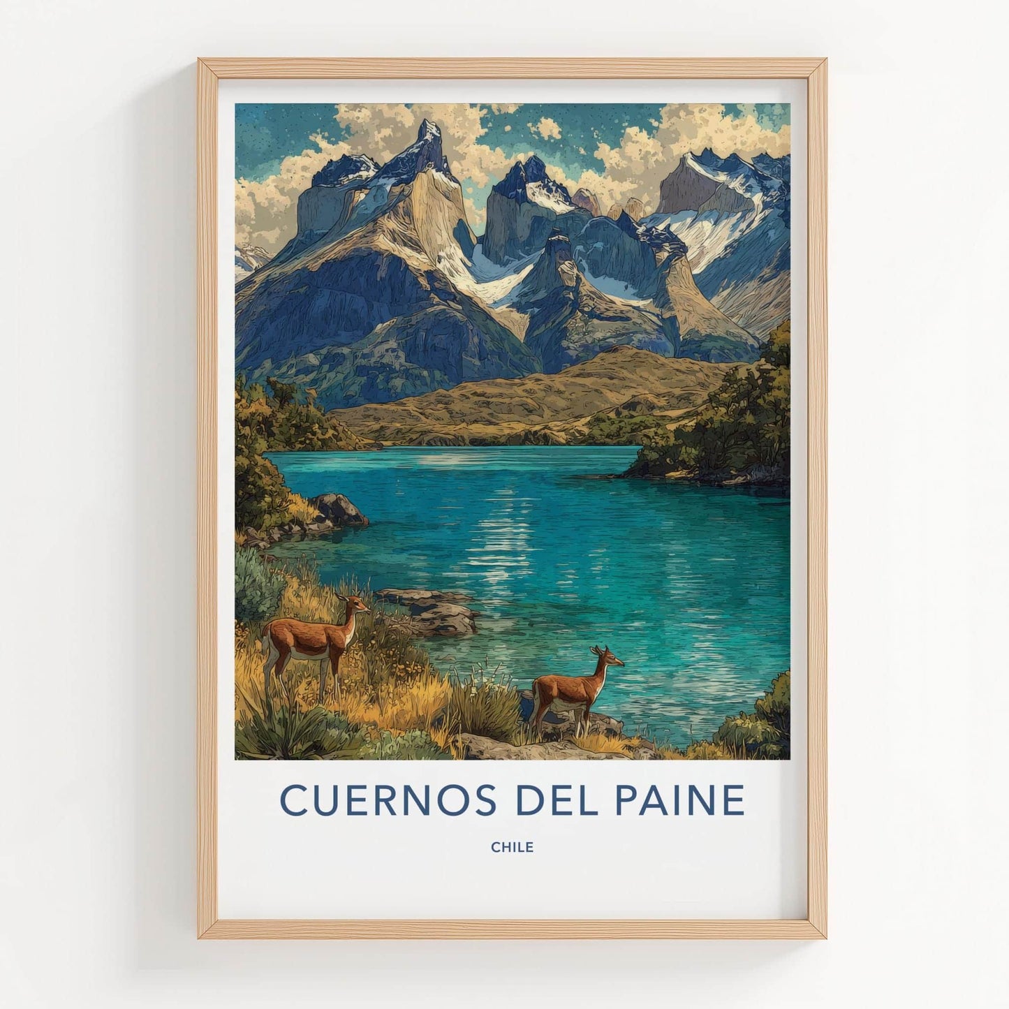 Cuernos del Paine Poster - Chile Travel Art - Mountain Lake Deer Home Decor