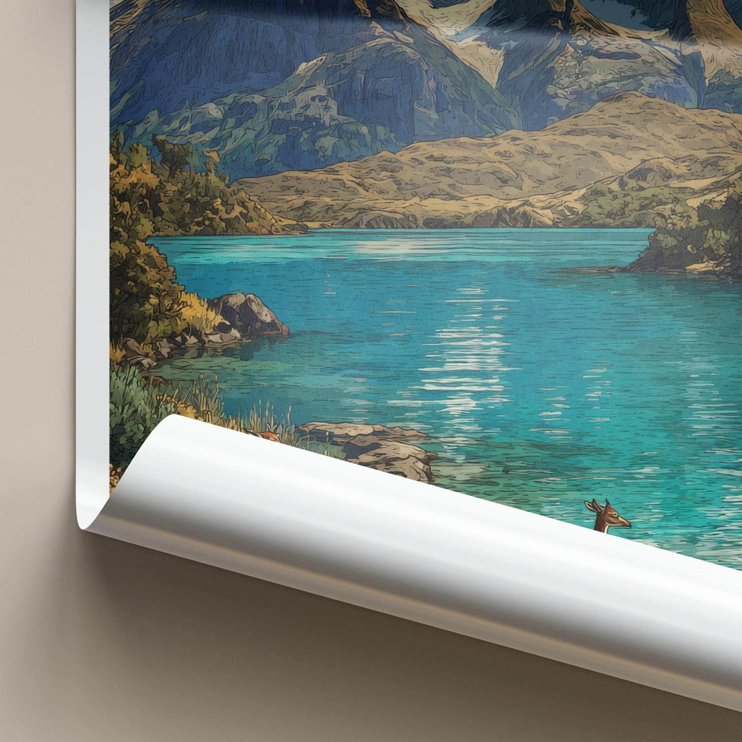 Cuernos del Paine Poster - Chile Travel Art - Mountain Lake Deer Home Decor