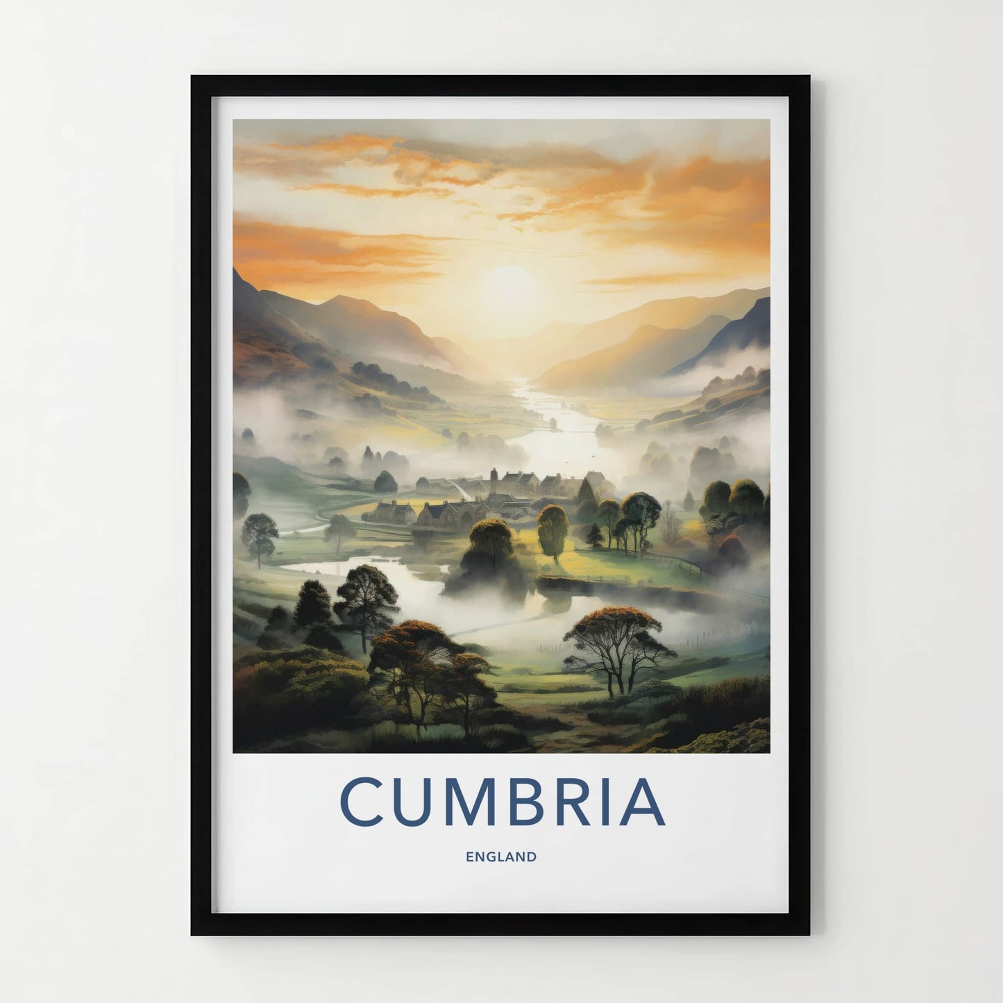 Cumbria Poster - England Travel Art - Misty River Village Home Decor