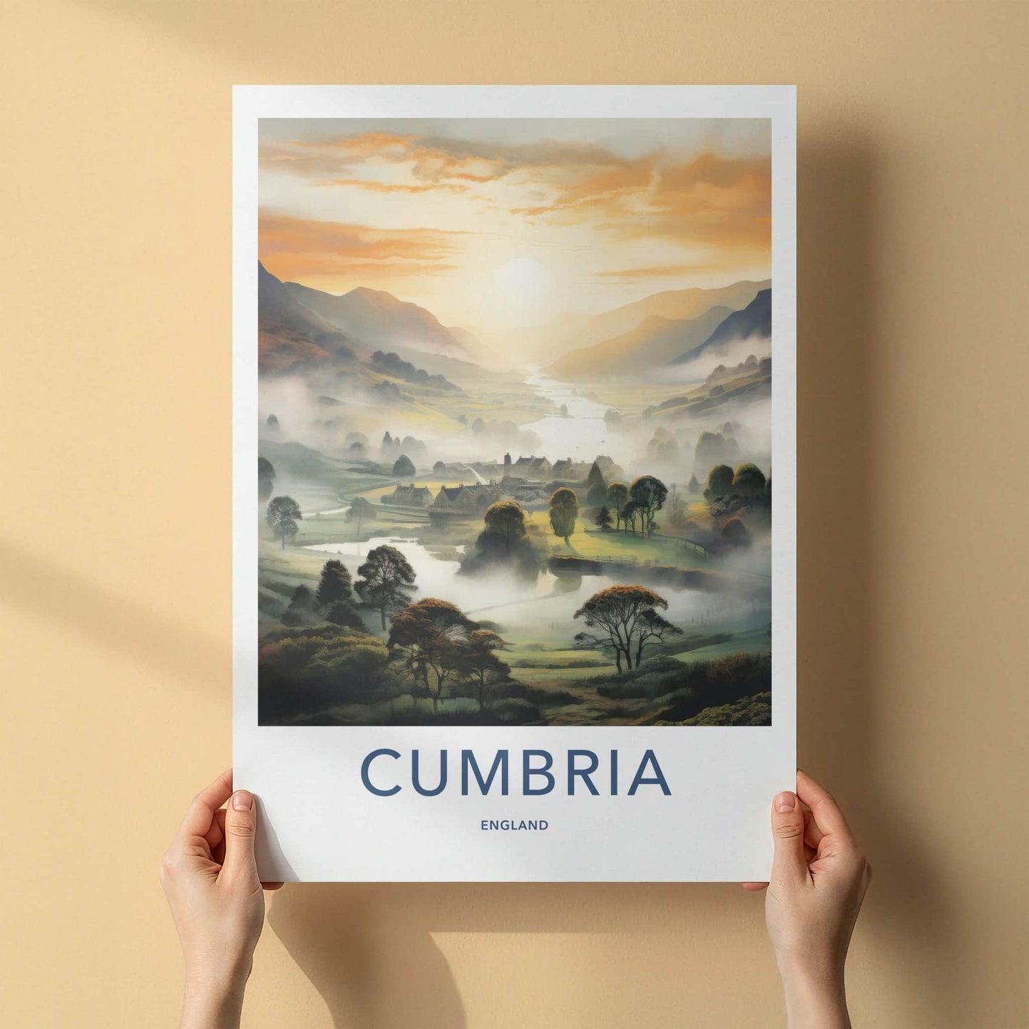 Cumbria Poster - England Travel Art - Misty River Village Home Decor
