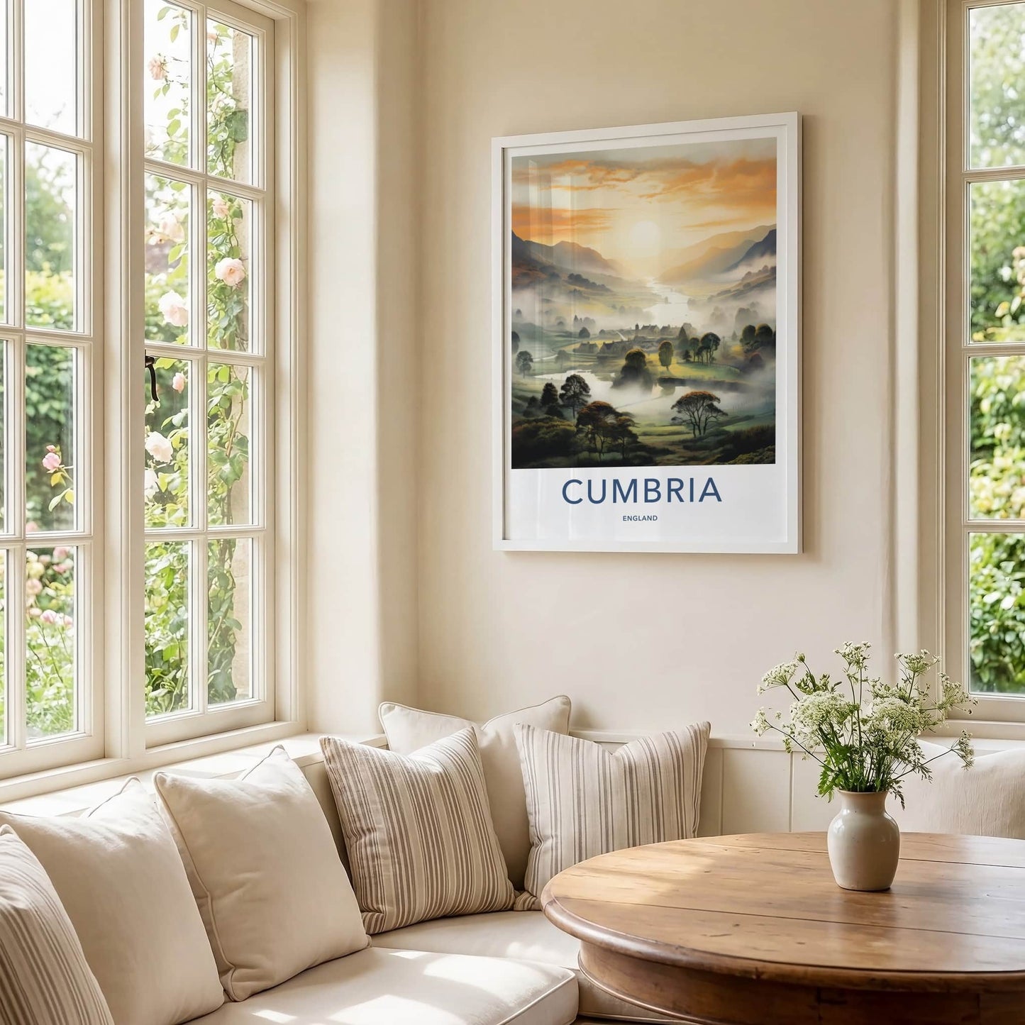 Cumbria Poster - England Travel Art - Misty River Village Home Decor