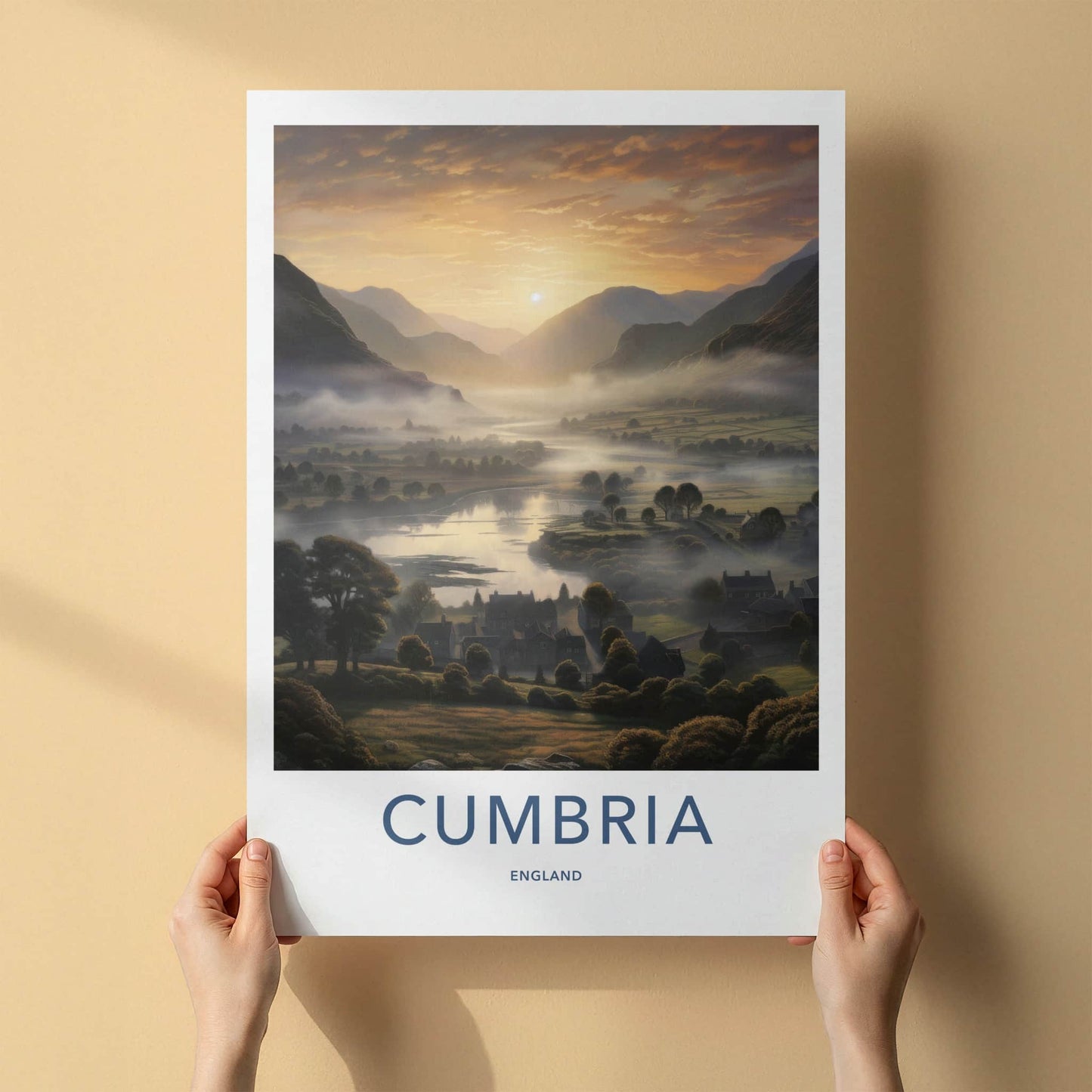 Cumbria Poster - England Travel Art - Misty Valley Village Home Decor