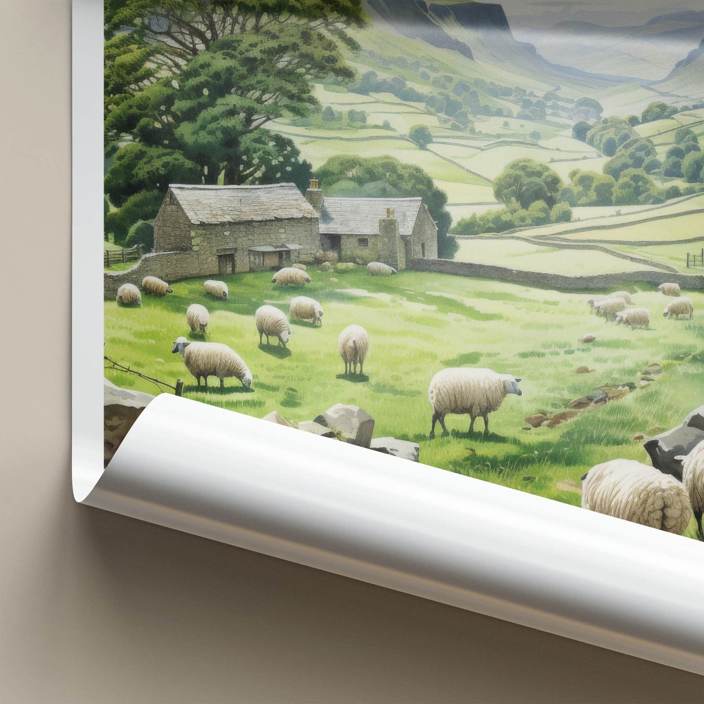 Cumbria Poster - England Travel Art - Rural valley sheep Home Decor