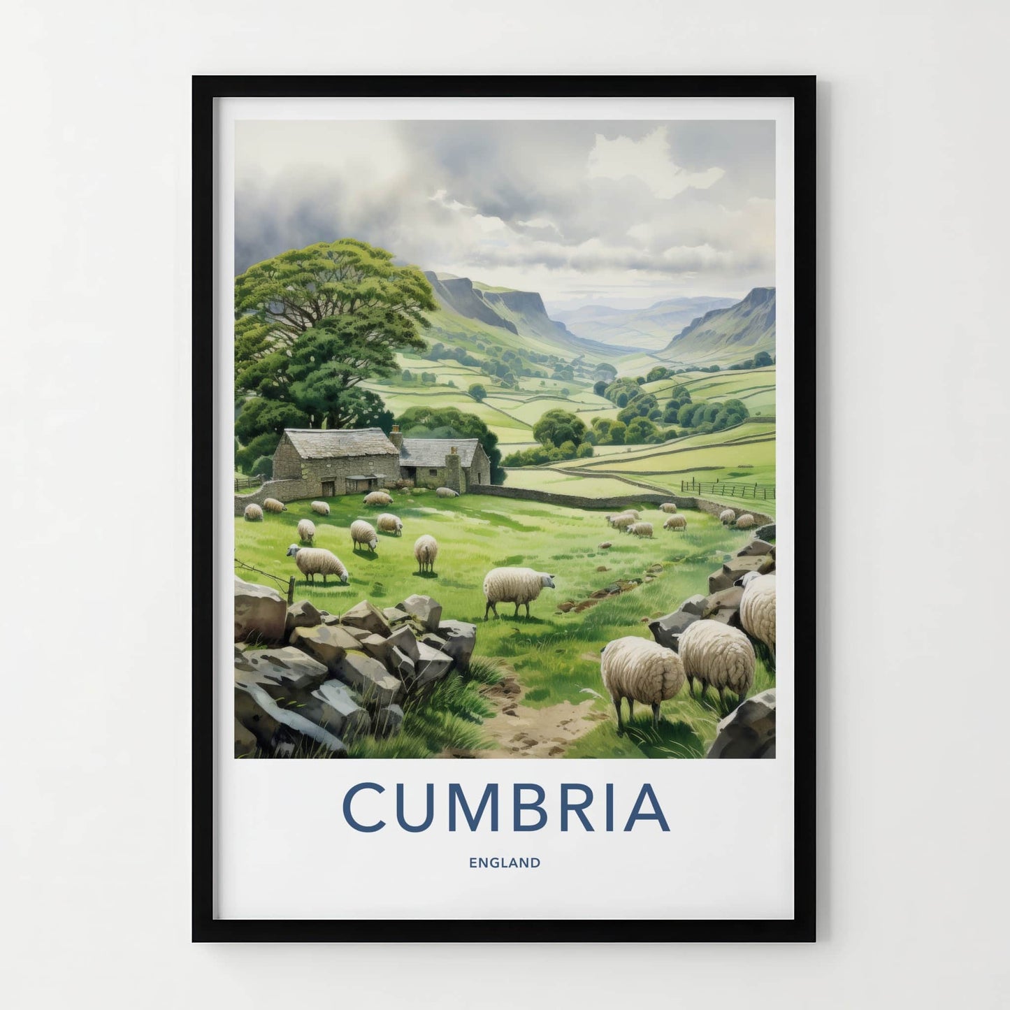 Cumbria Poster - England Travel Art - Rural valley sheep Home Decor