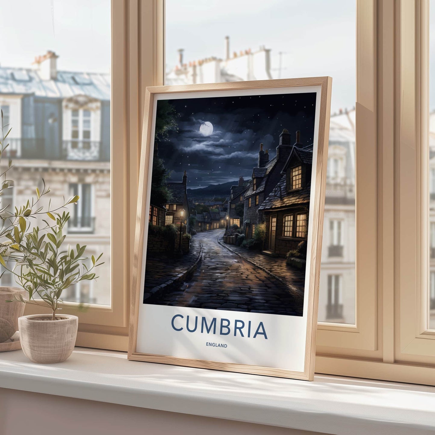 Cumbria Poster - England Wall Art - Moonlit Village Street Home Decor