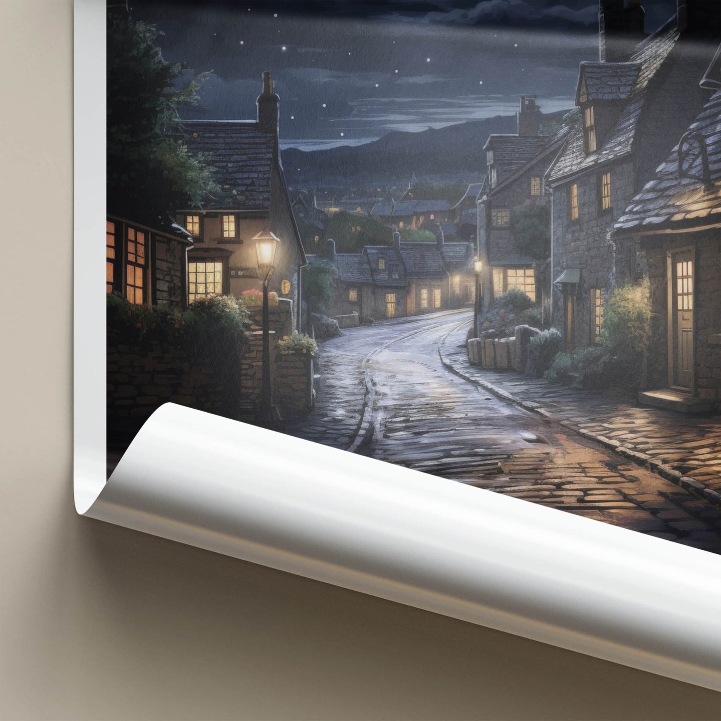 Cumbria Poster - England Wall Art - Moonlit Village Street Home Decor