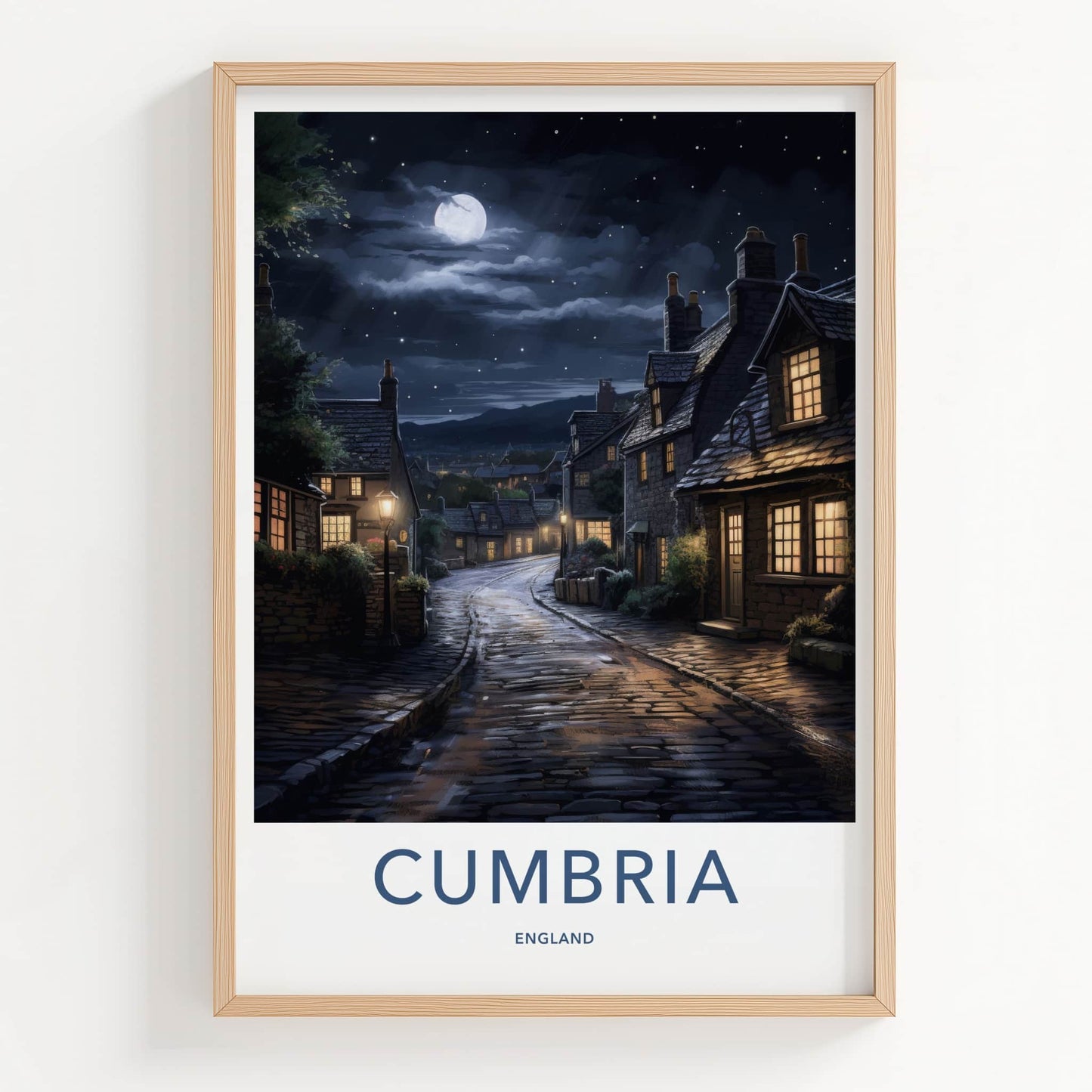 Cumbria Poster - England Wall Art - Moonlit Village Street Home Decor