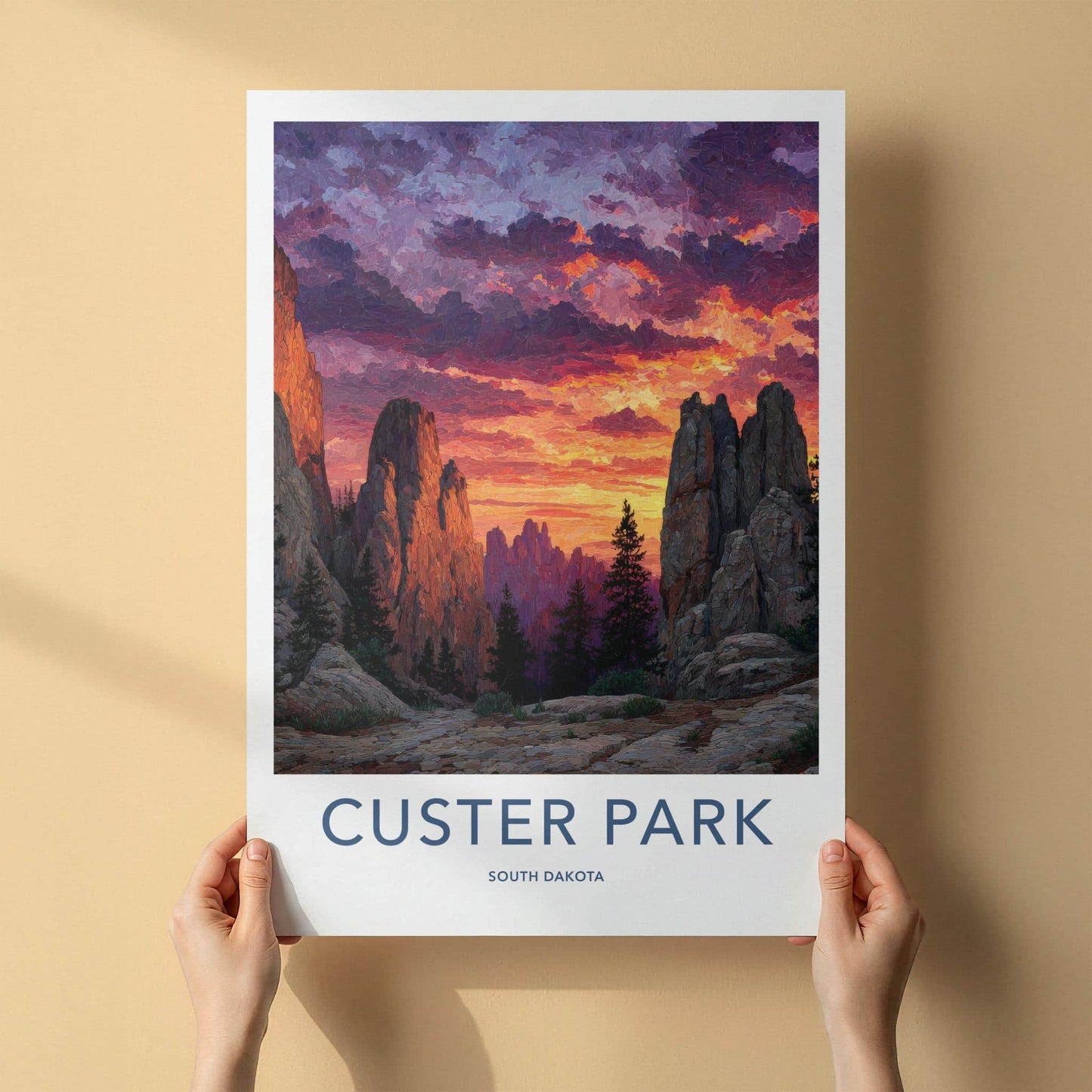 Custer Park Poster - South Dakota Travel Art - Dramatic Sunset Peaks Wall Decor