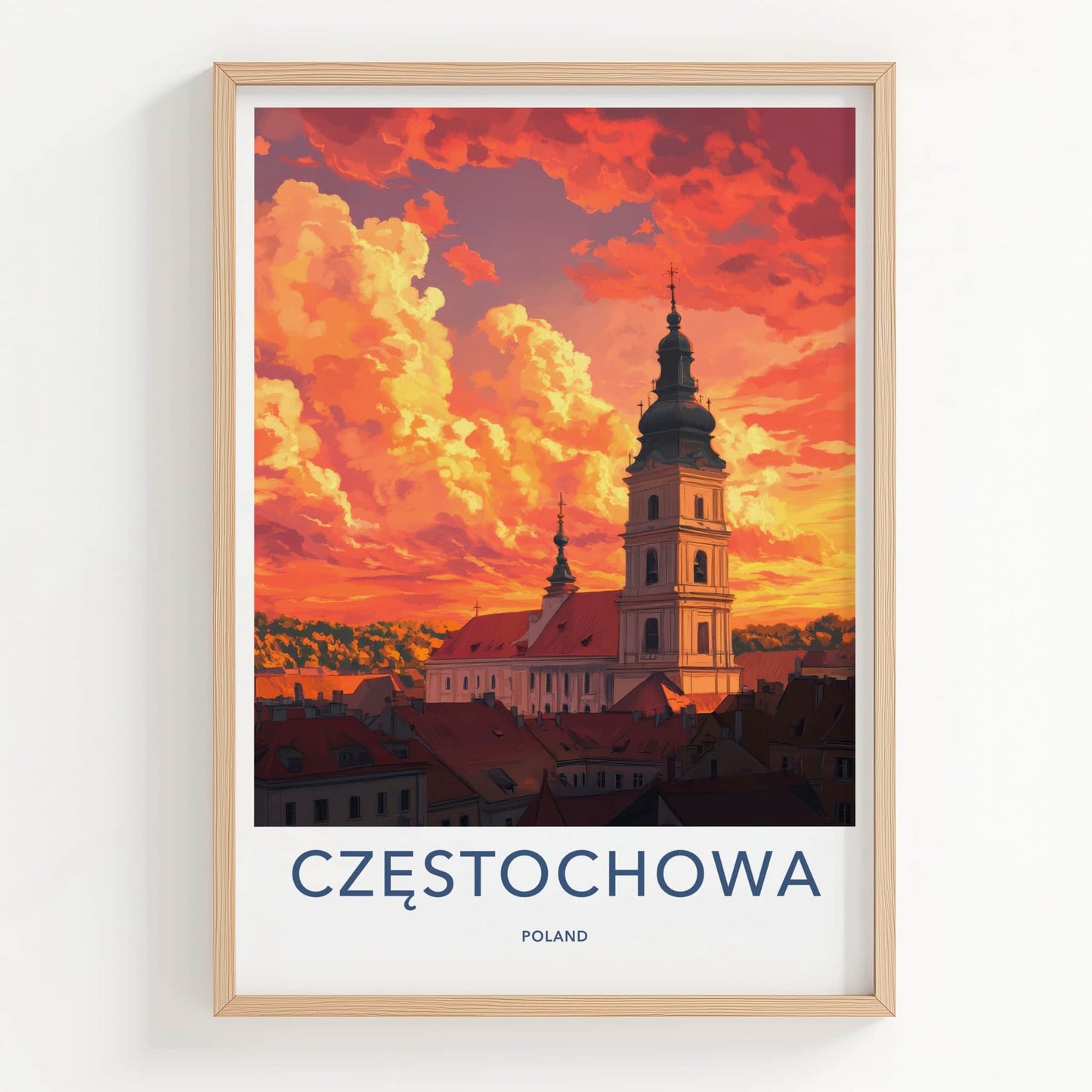 Czestochowa Poster - Poland Wall Art - Basilica Orange Sky Home Decor