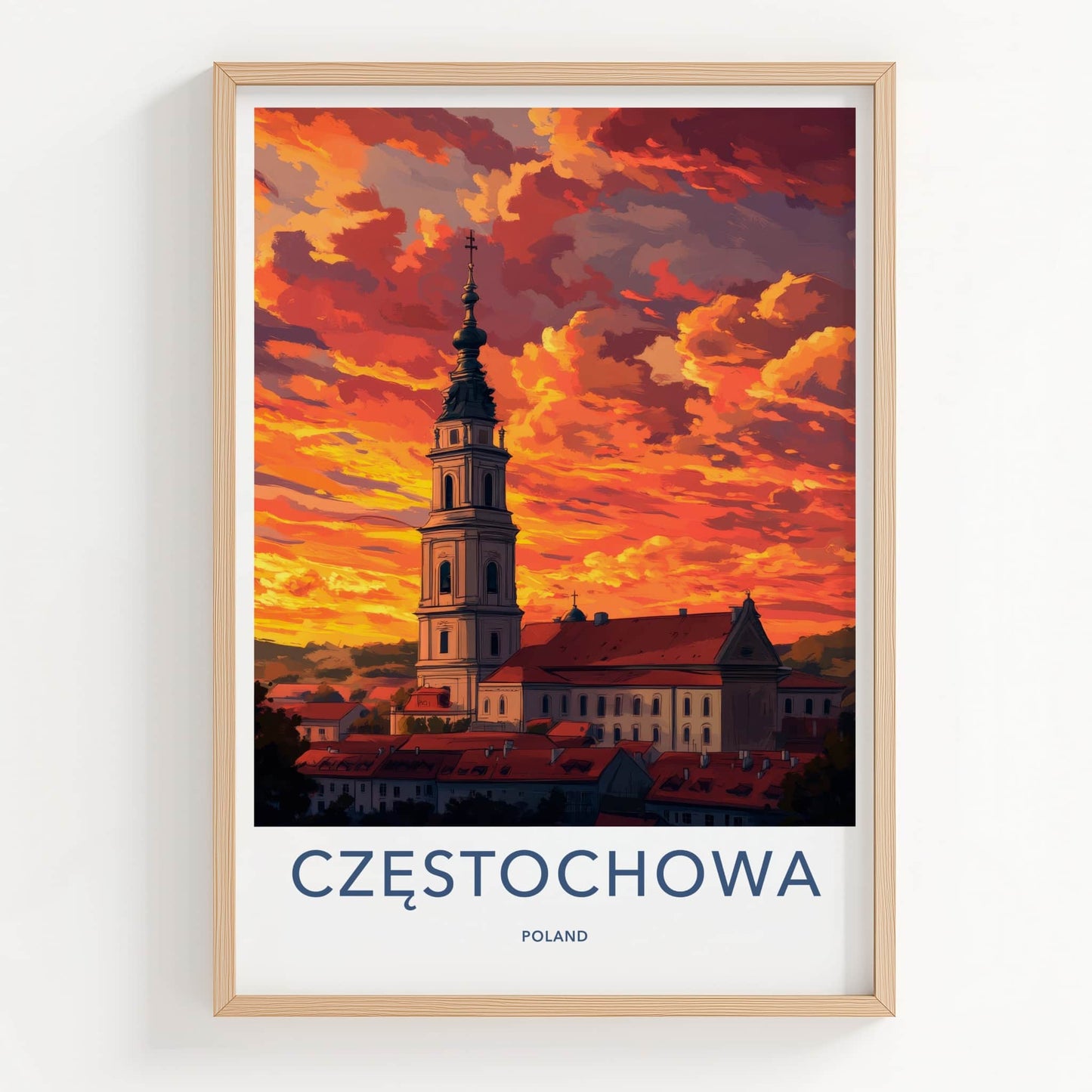 Czestochowa Poster - Poland Wall Art - Fiery Sunset Church Home Decor