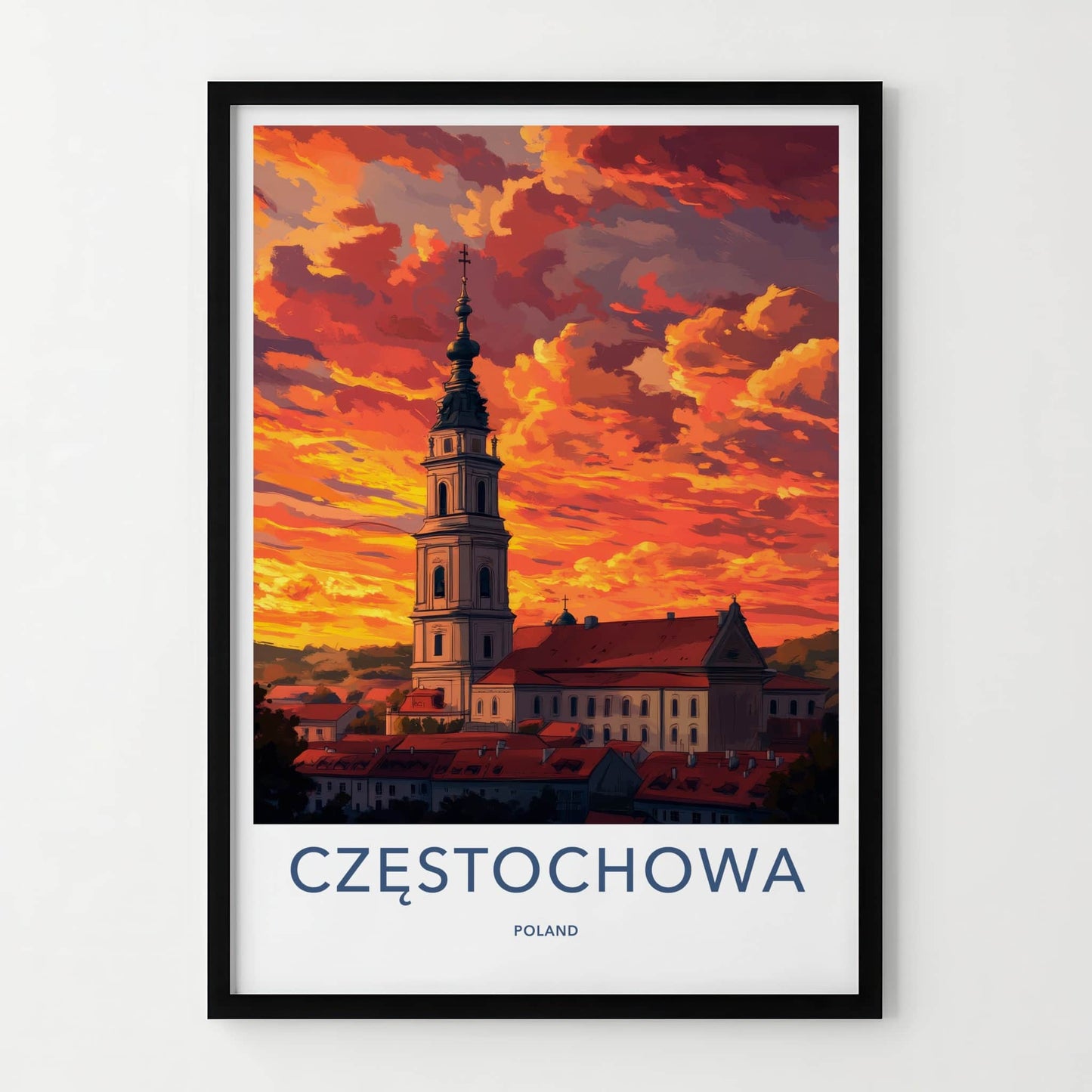 Czestochowa Poster - Poland Wall Art - Fiery Sunset Church Home Decor