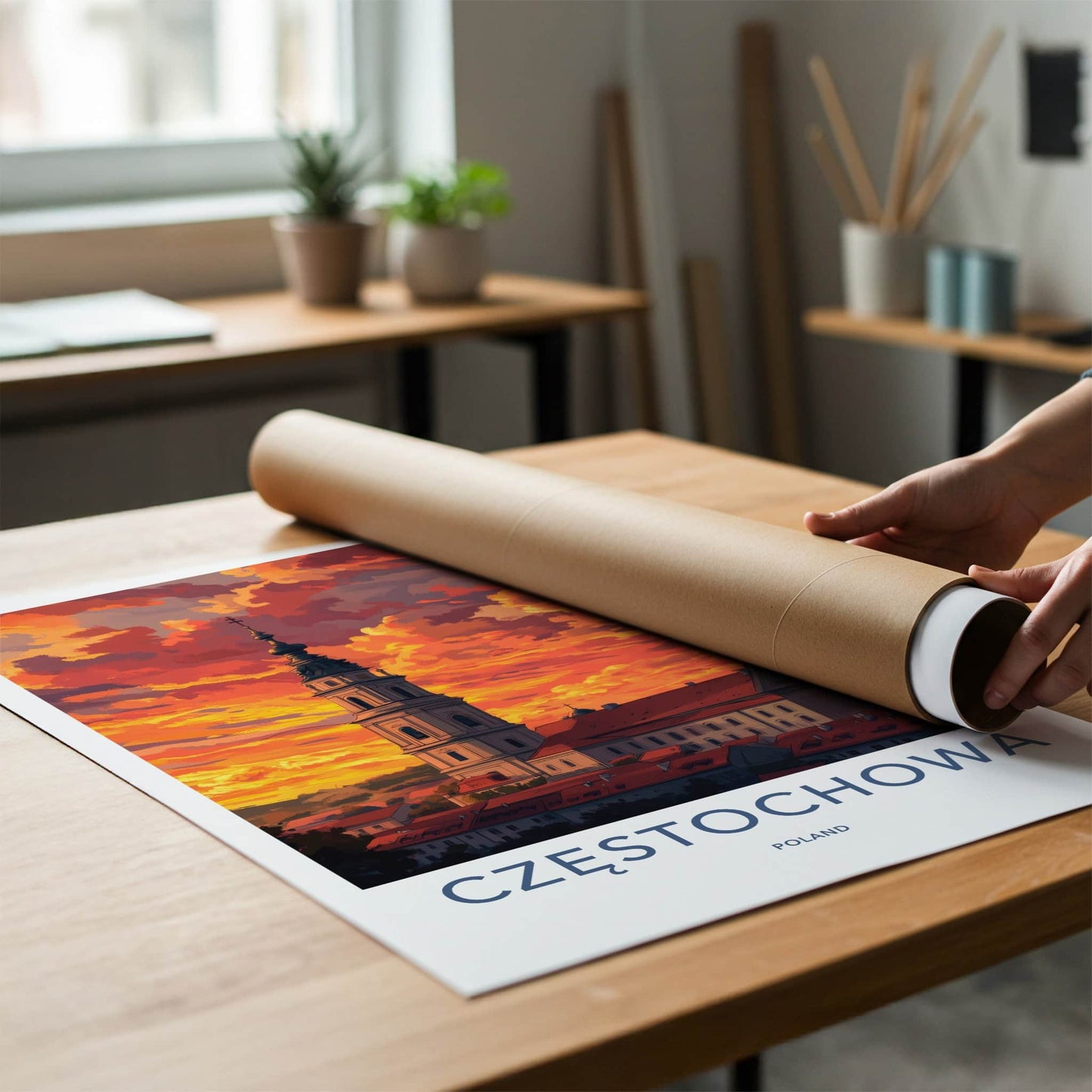 Czestochowa Poster - Poland Wall Art - Fiery Sunset Church Home Decor