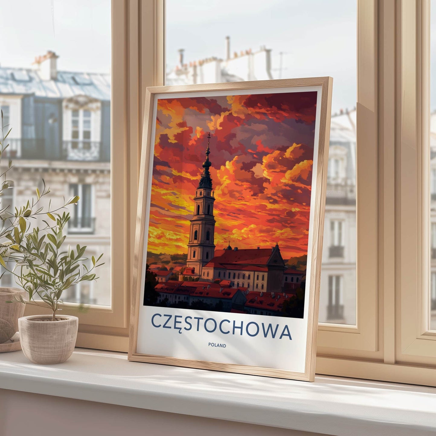 Czestochowa Poster - Poland Wall Art - Fiery Sunset Church Home Decor