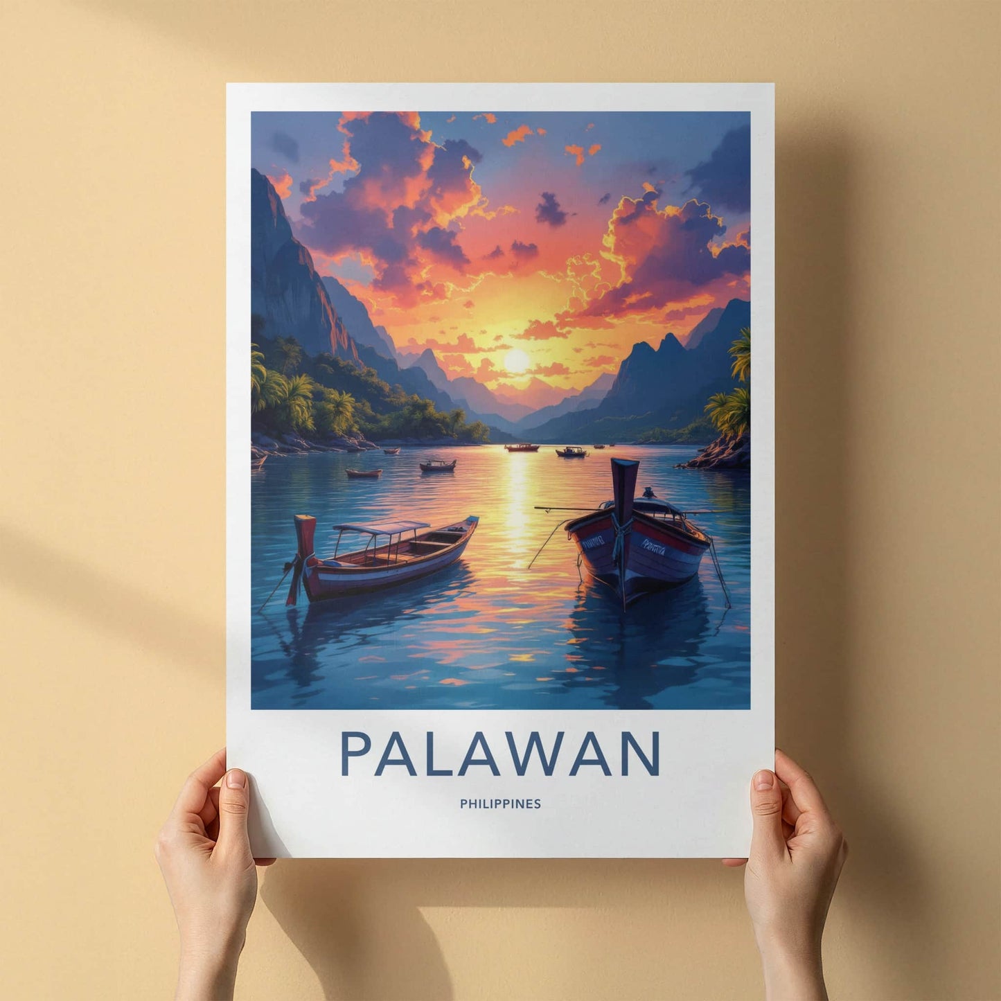 Palawan Poster - Philippines Travel Art - Boats Sunset Mountains Home Decor