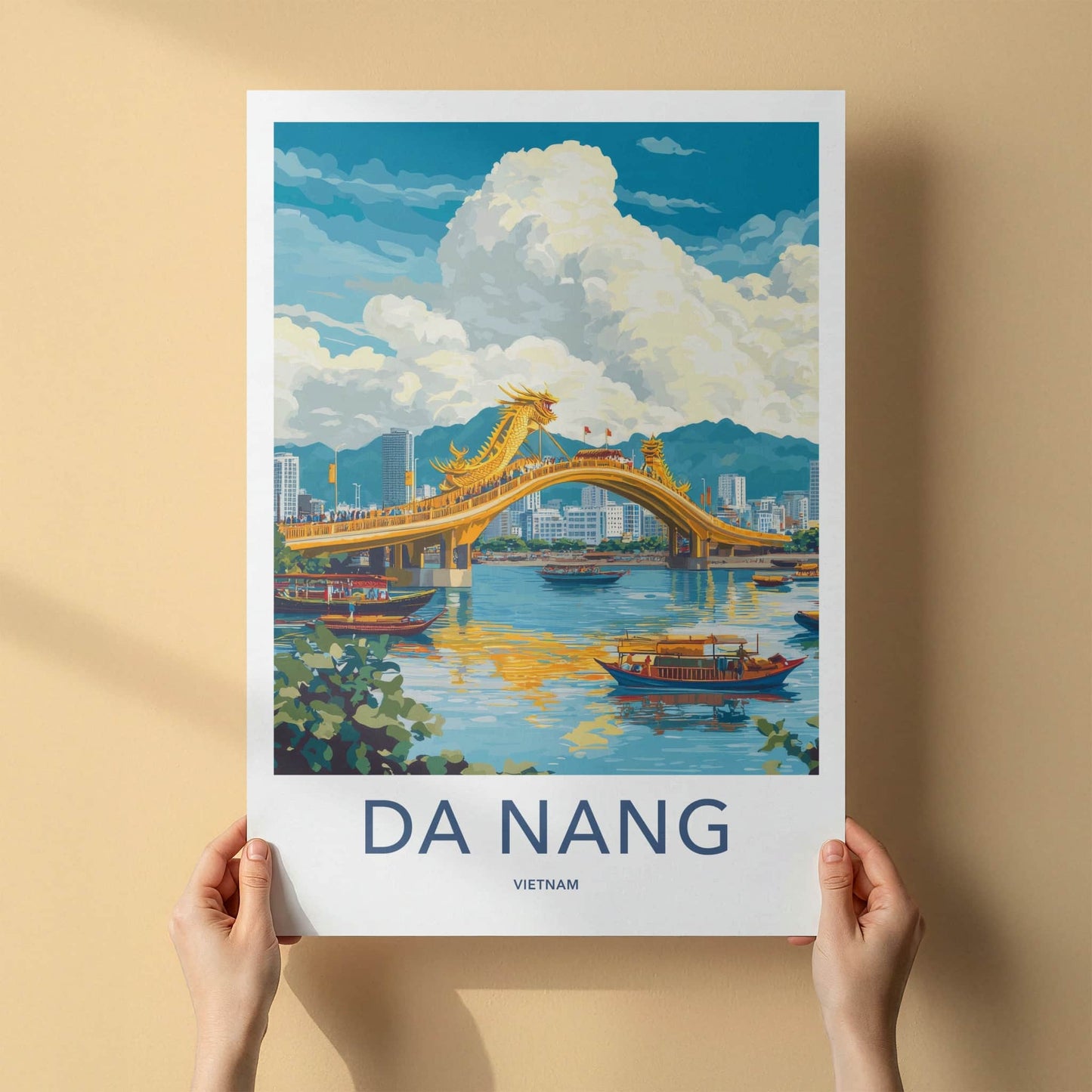 Da Nang Poster - Vietnam Travel Art - Golden Dragon Bridge Wall Decor