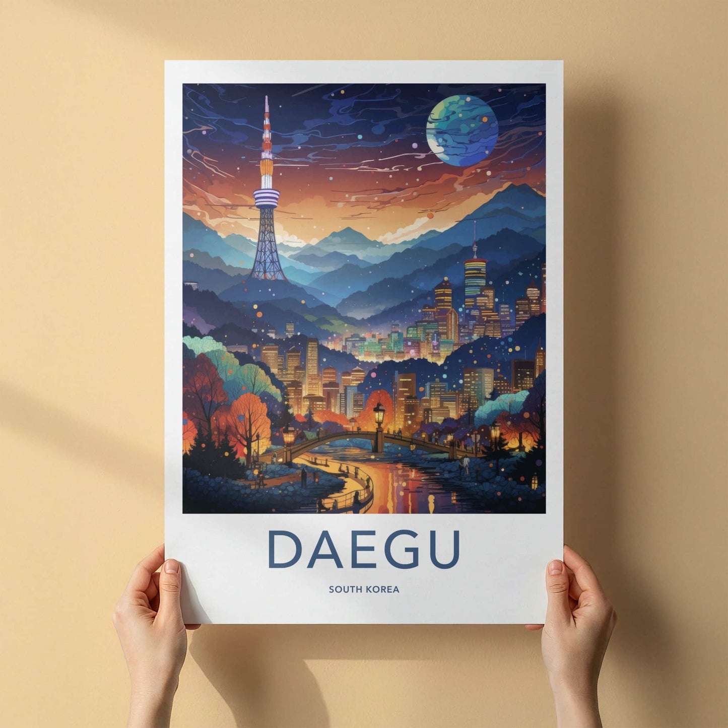 Daegu Poster - South Korea Wall Art - Vibrant Cityscape Moon Home Decor