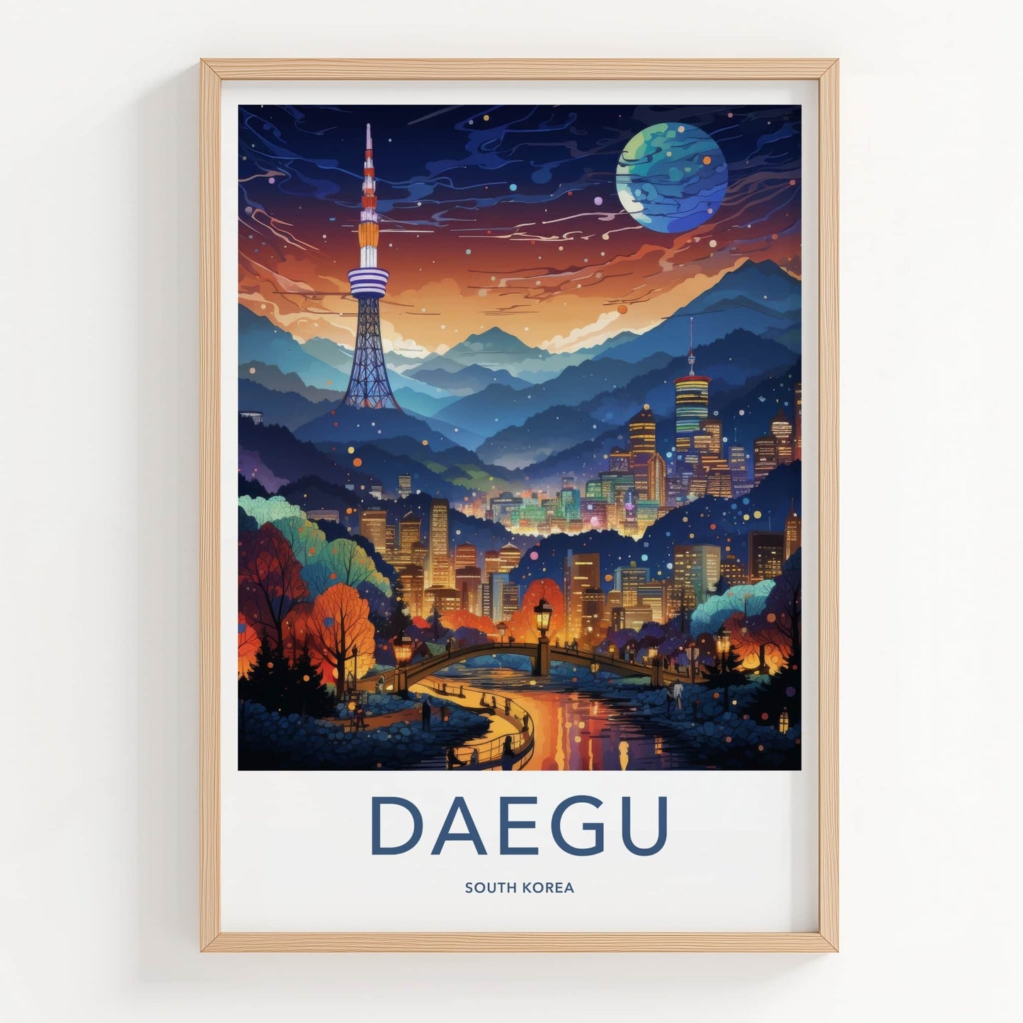 Daegu Poster - South Korea Wall Art - Vibrant Cityscape Moon Home Decor