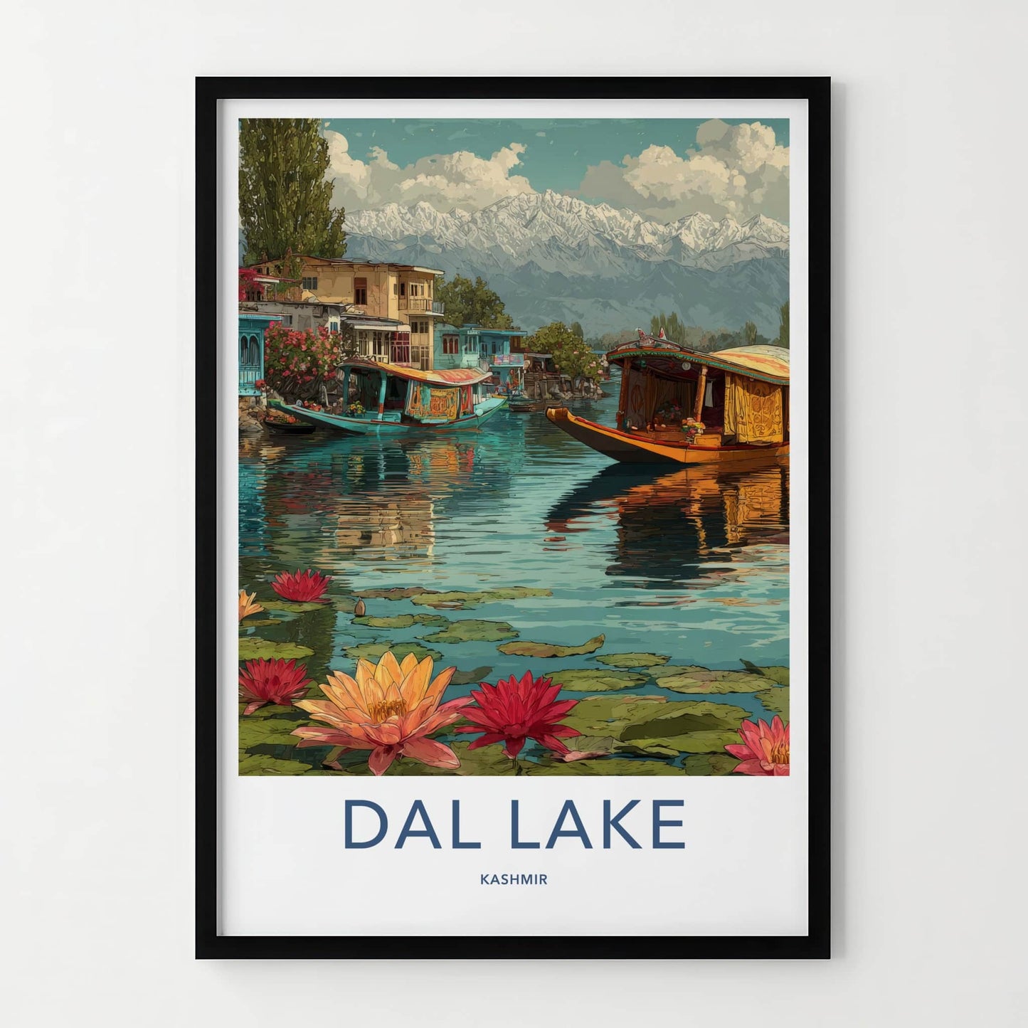 Dal Lake Poster - India Houseboats Snowcapped Mountains Home Decor