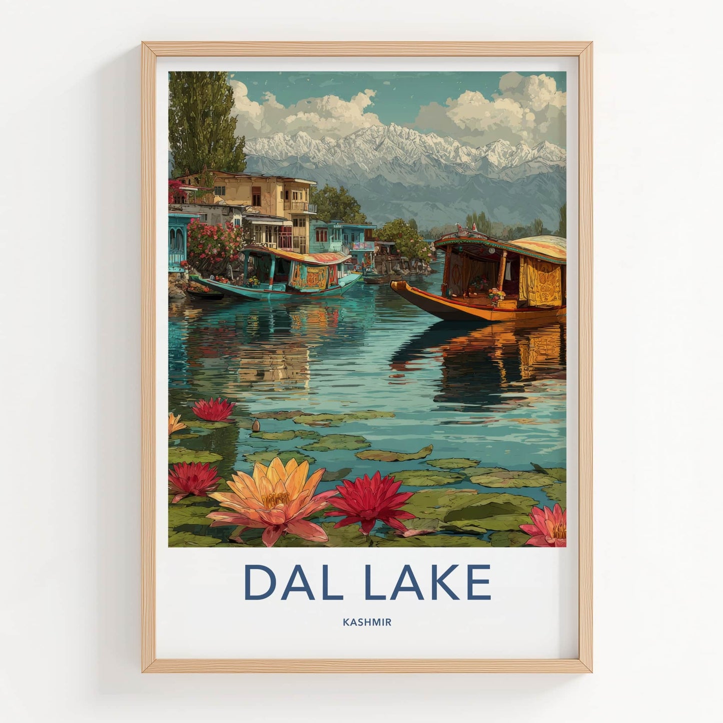 Dal Lake Poster - India Houseboats Snowcapped Mountains Home Decor