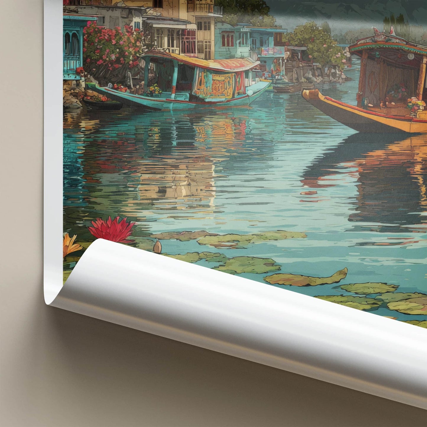Dal Lake Poster - India Houseboats Snowcapped Mountains Home Decor