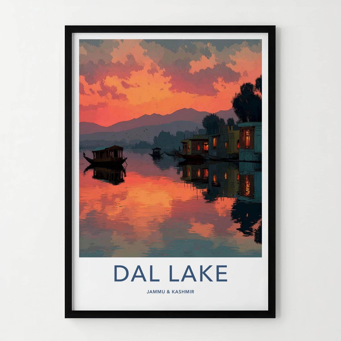 Dal Lake Poster - India Travel Art - Jammu Kashmir Scenic Houseboat Sunset Home Decor