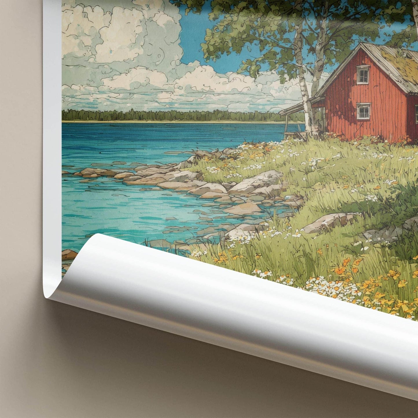 Dalarna Poster - Sweden Travel Art - Lakeside Red Cabin Wall Decor