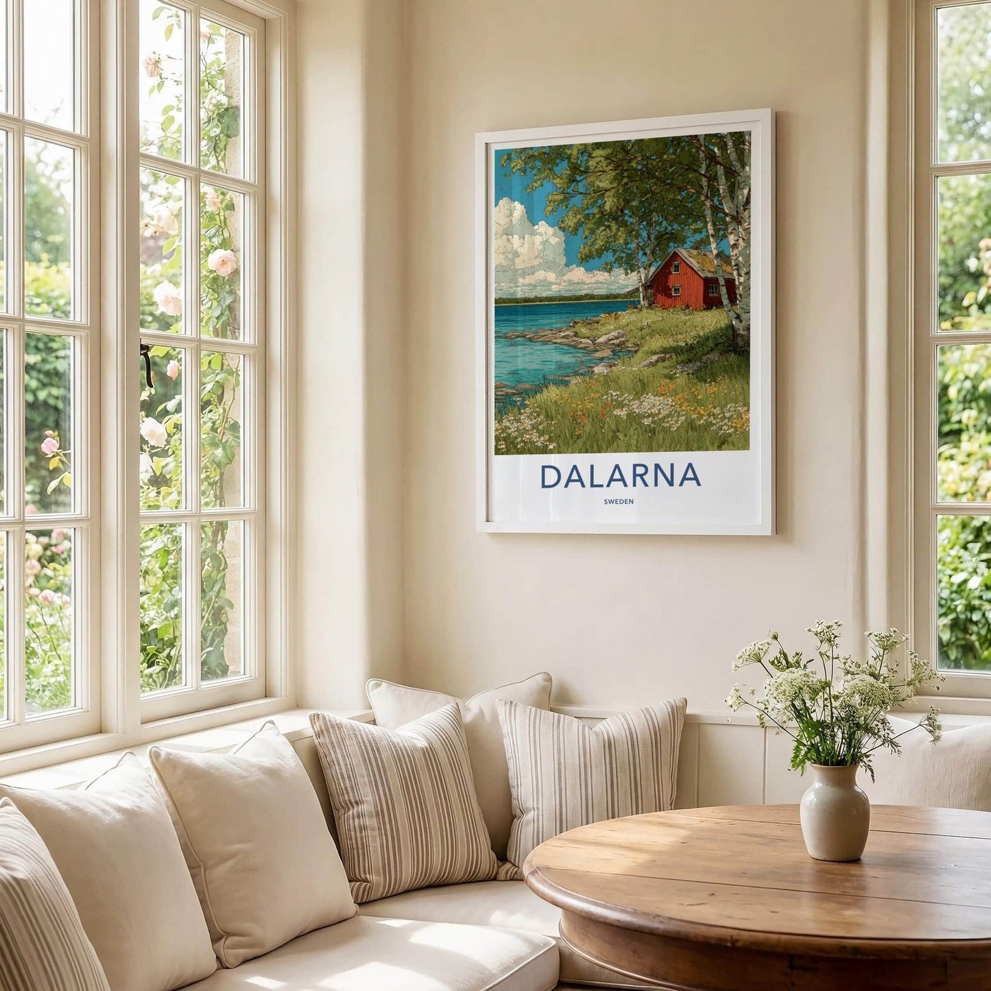 Dalarna Poster - Sweden Travel Art - Lakeside Red Cabin Wall Decor