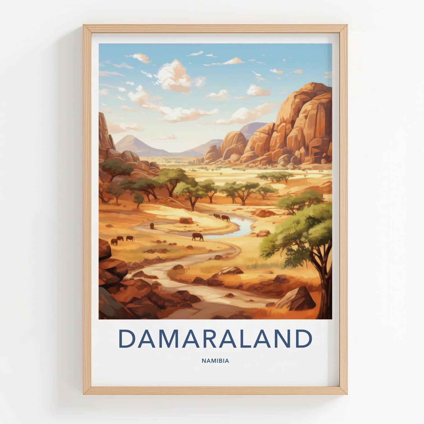 Damaraland Poster - Namibia Art Print - Rocky River Elephants Wall Decor