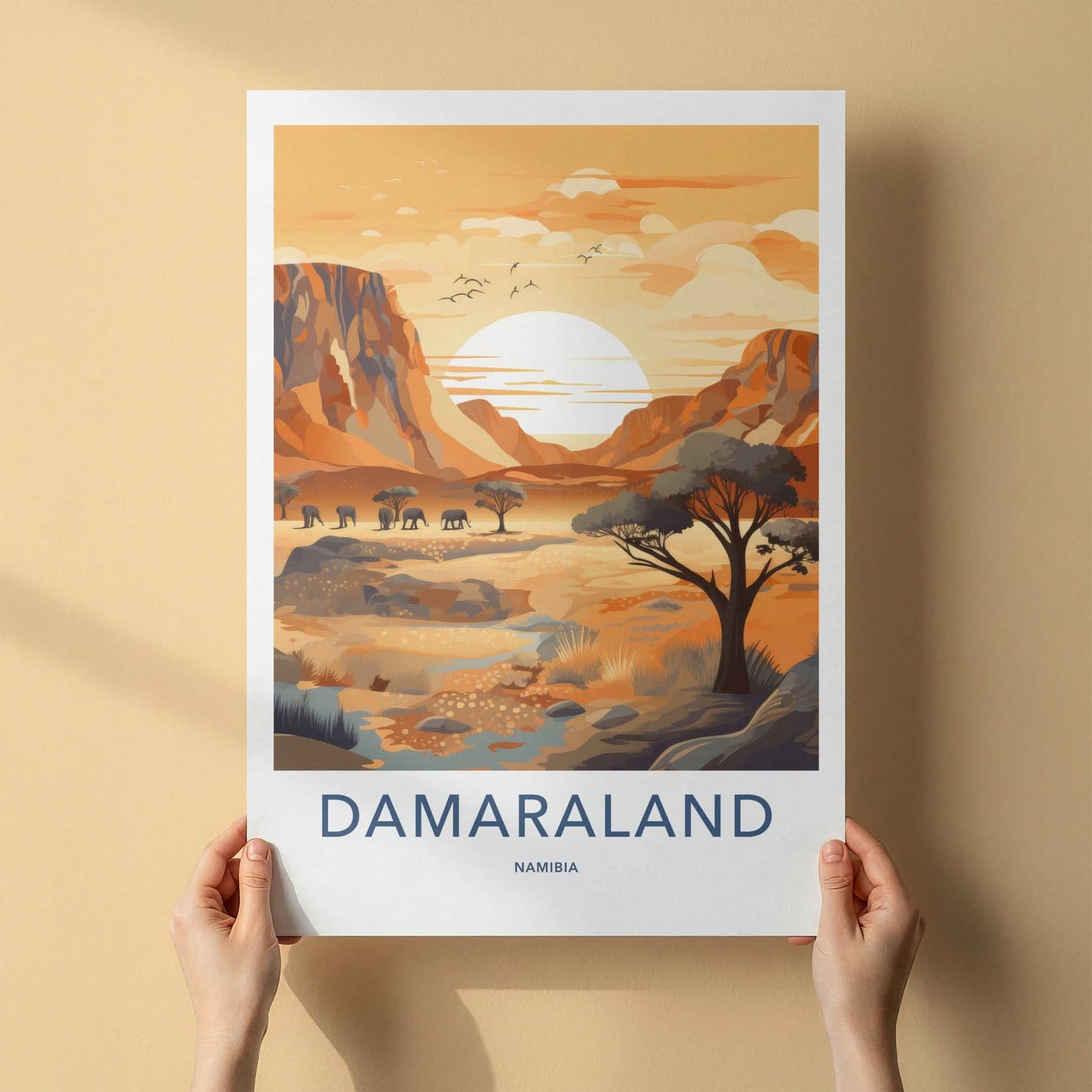 Damaraland Poster - Namibia Travel Art - Desert Elephants Sunset Home Decor