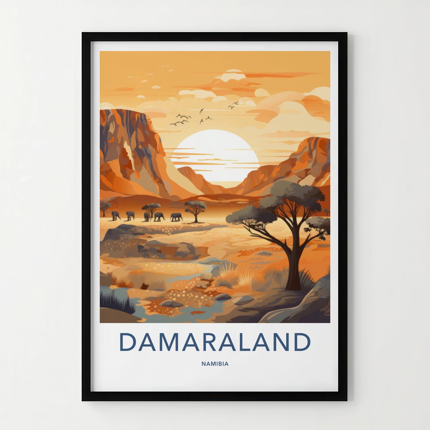Damaraland Poster - Namibia Travel Art - Desert Elephants Sunset Home Decor