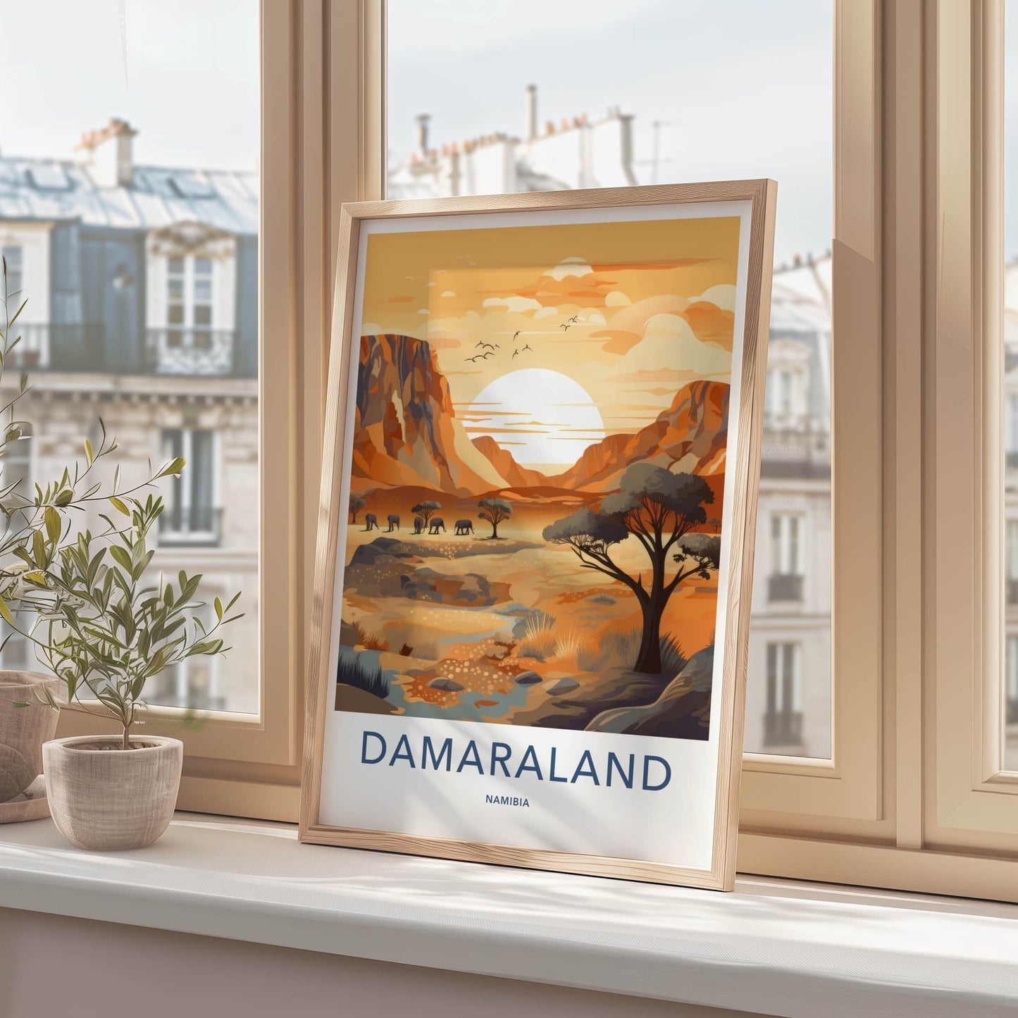 Damaraland Poster - Namibia Travel Art - Desert Elephants Sunset Home Decor