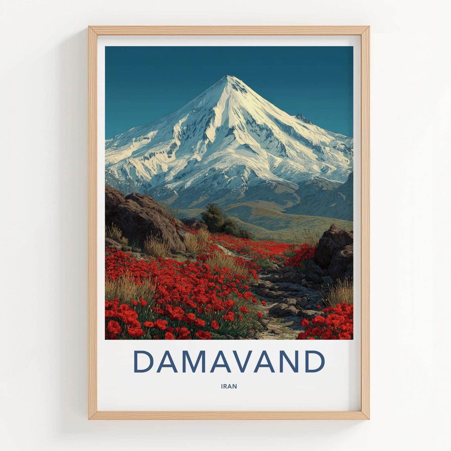 Damavand Poster - Iran Travel Print - Snowy Peak Poppies Wall Decor