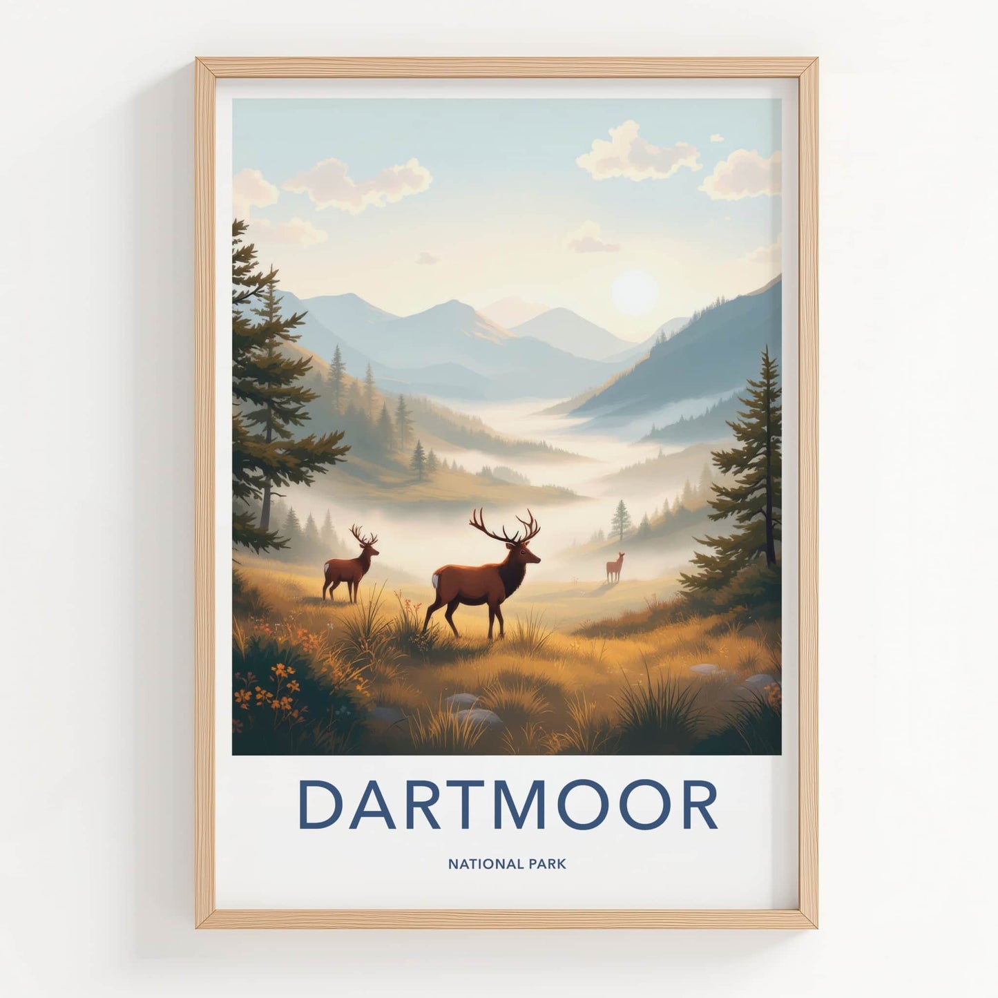 DARTMOOR NATIONAL PARK Poster - United Kingdom Travel Art - Misty Morning Deer Home Decor